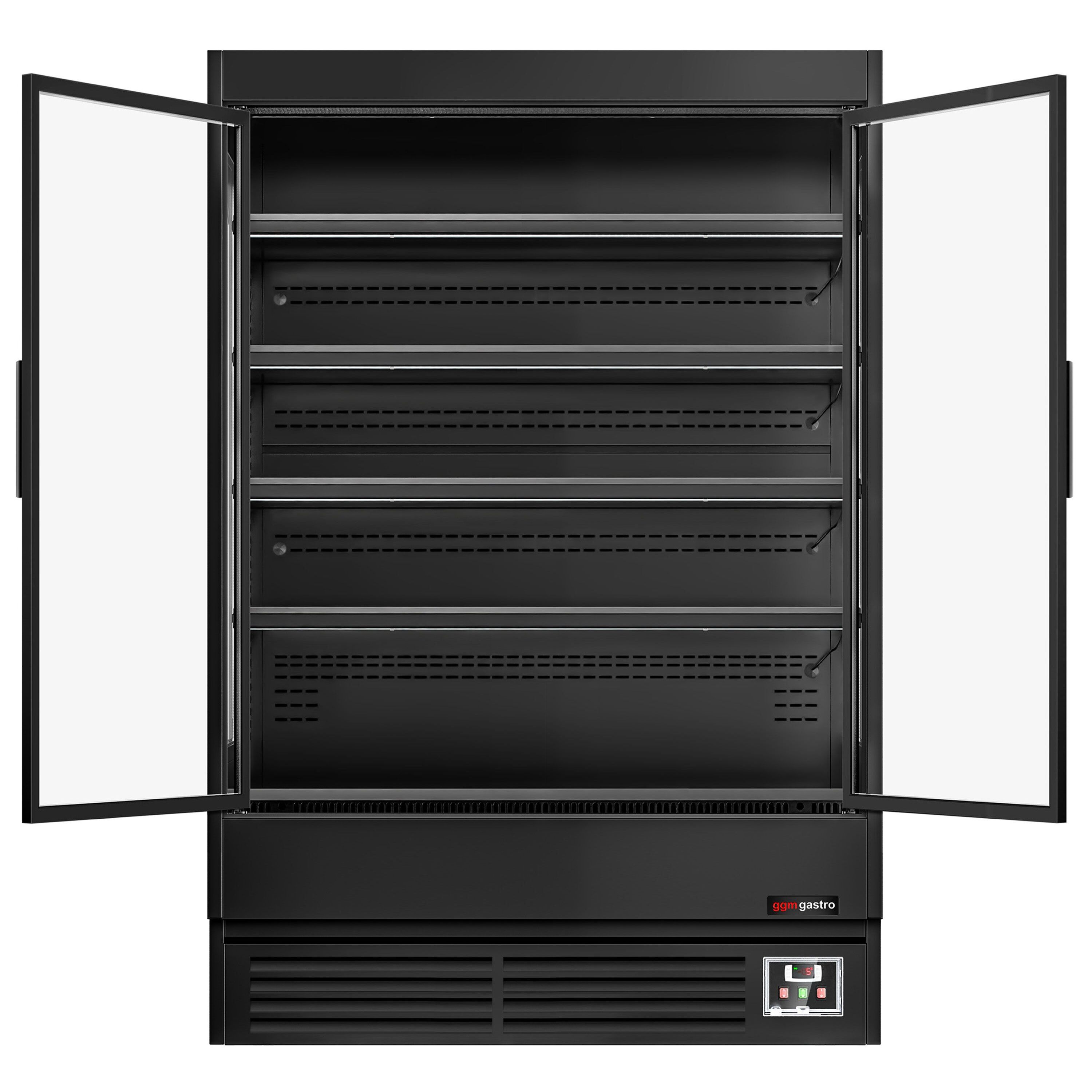 Vitrine murale réfrigérée - 1320mm - 595L - avec 2 portes battantes vitrées & 4 étagères - Noir