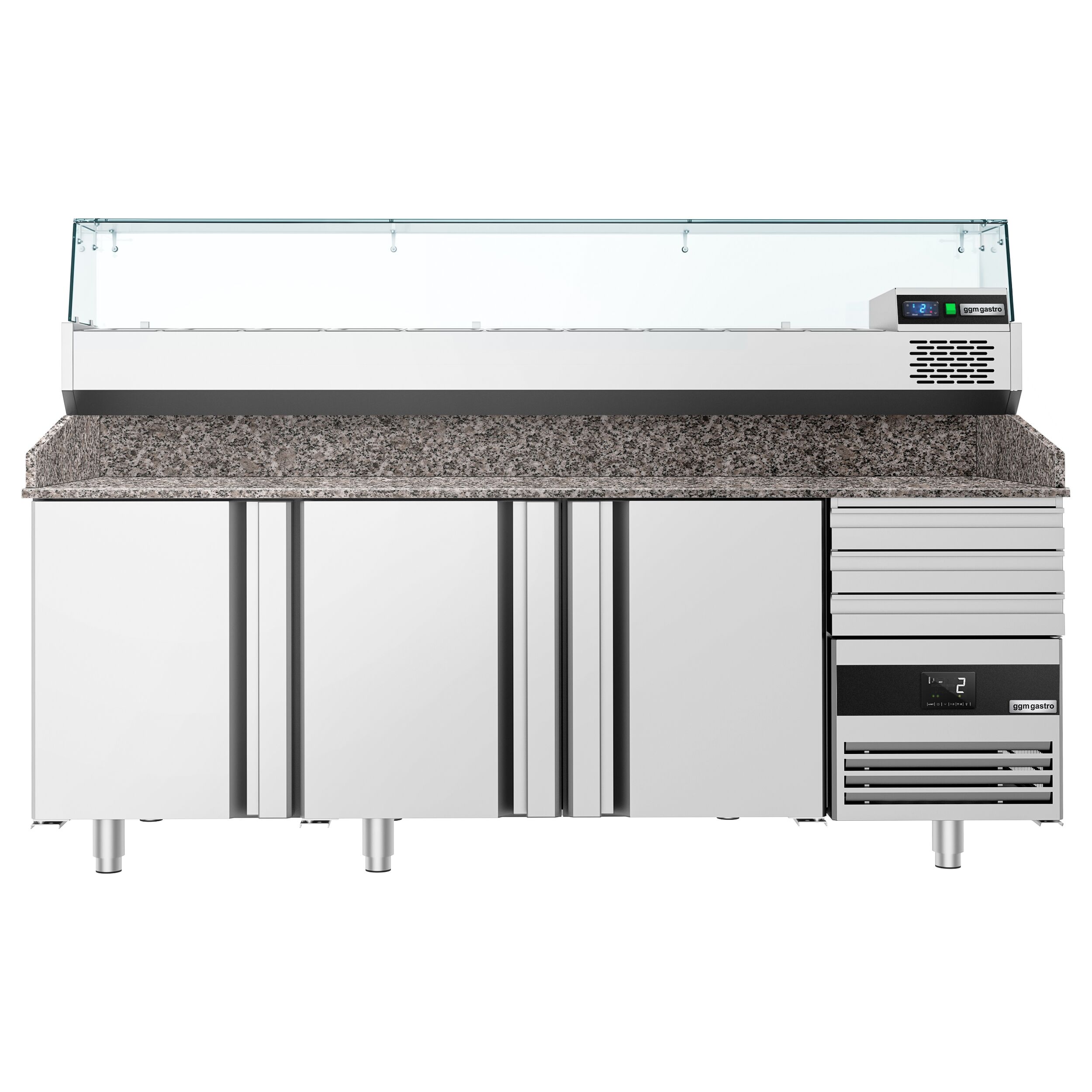 Table réfrigérée à pizza PREMIUM - 2150x800 mm - avec 3 portes & 3 tiroirs - incl. vitrine réfrigérée - 10x GN 1/3