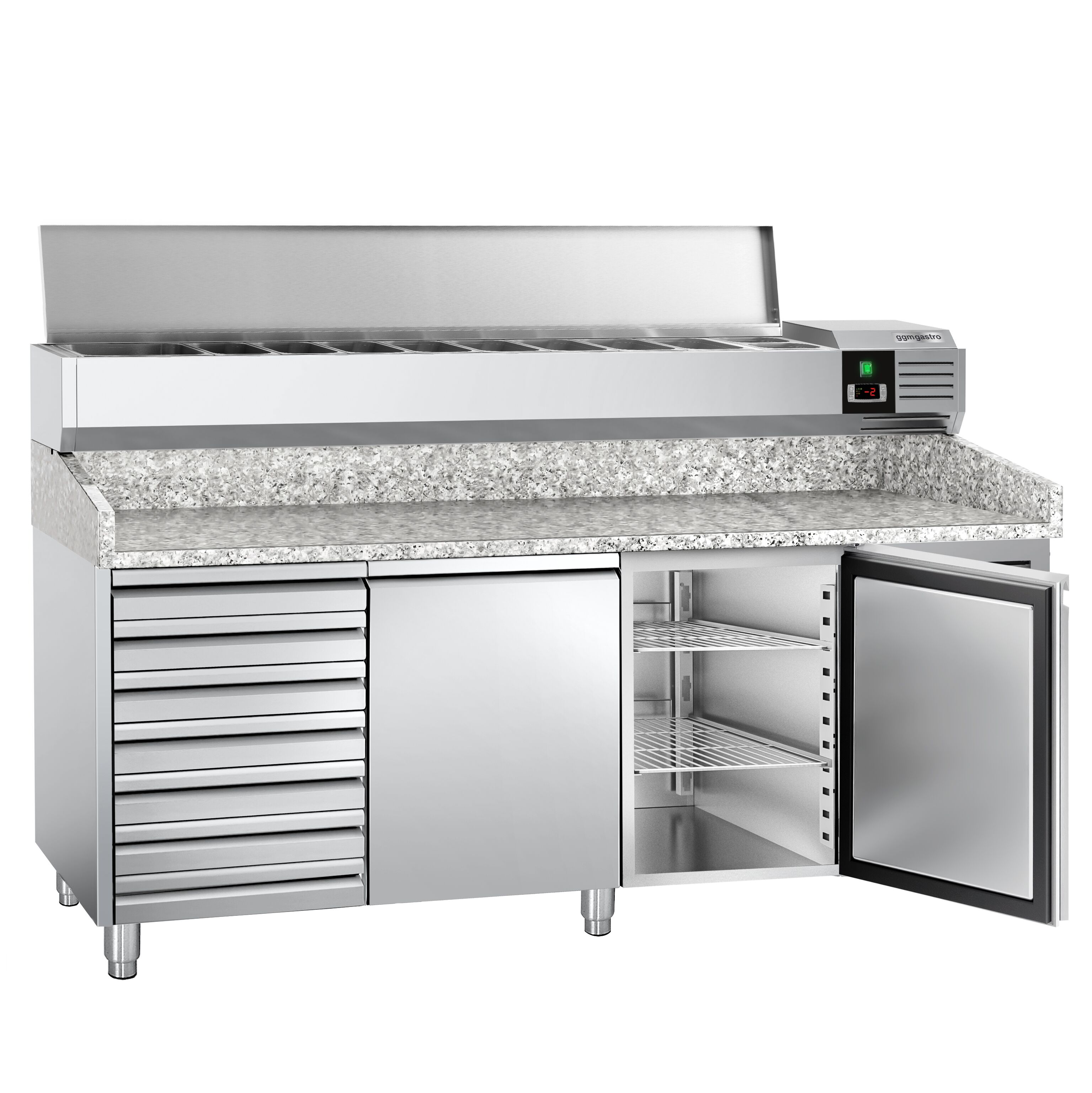 Table réfrigérée à pizza PREMIUM - 2000 x 800 mm - avec 2 portes et 7 tiroirs - incl. vitrine réfrigérée - 10 x GN 1/4