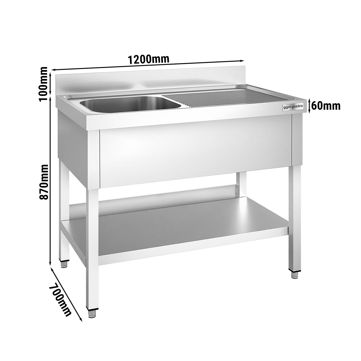 Plonge en inox PREMIUM - 1200x700mm - avec étagère basse - 1 bac à gauche