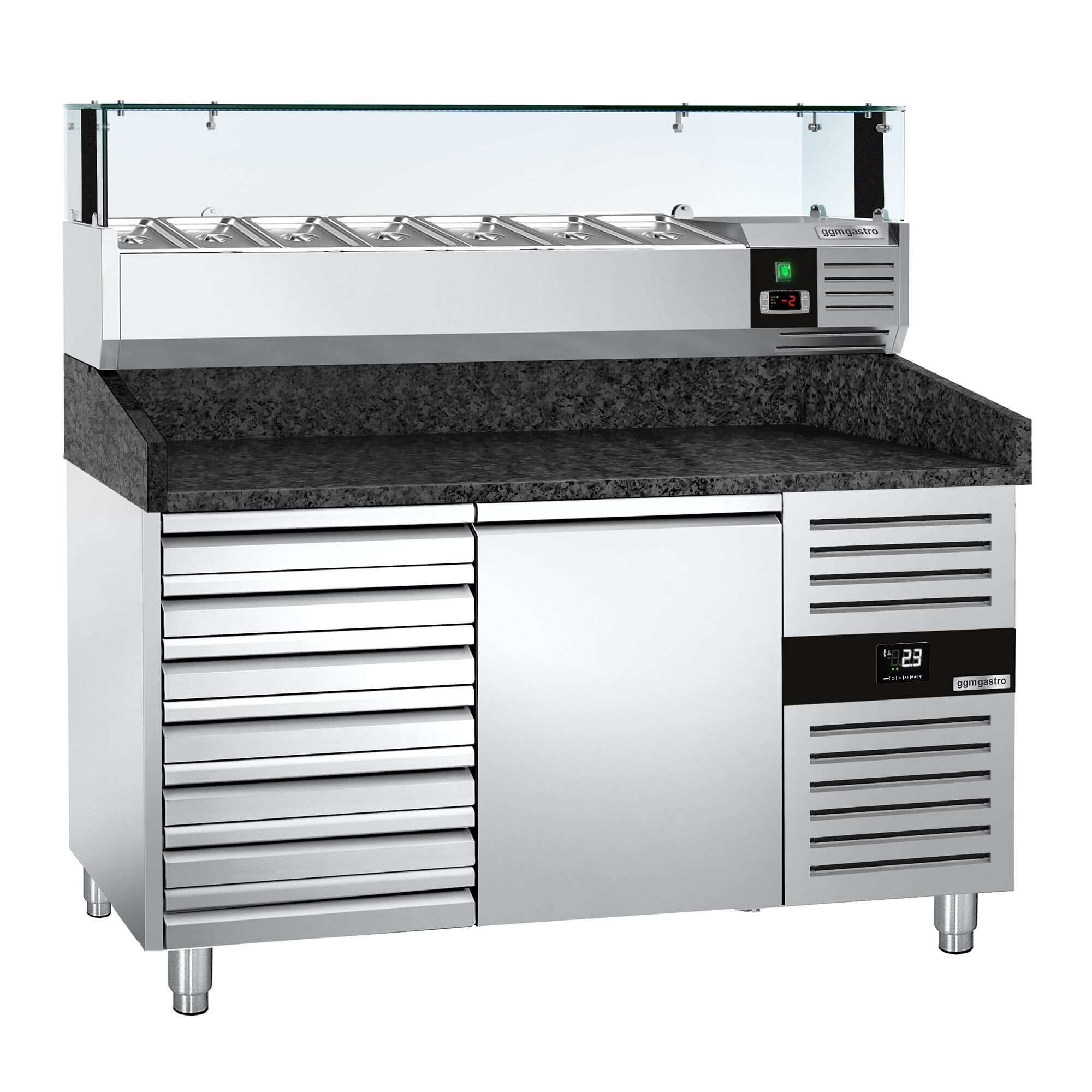 Table réfrigérée à pizza PREMIUM - 1500x800 mm - avec 1 porte & 7 tiroirs - incl. vitrine réfrigérée LED - 7x GN 1/4