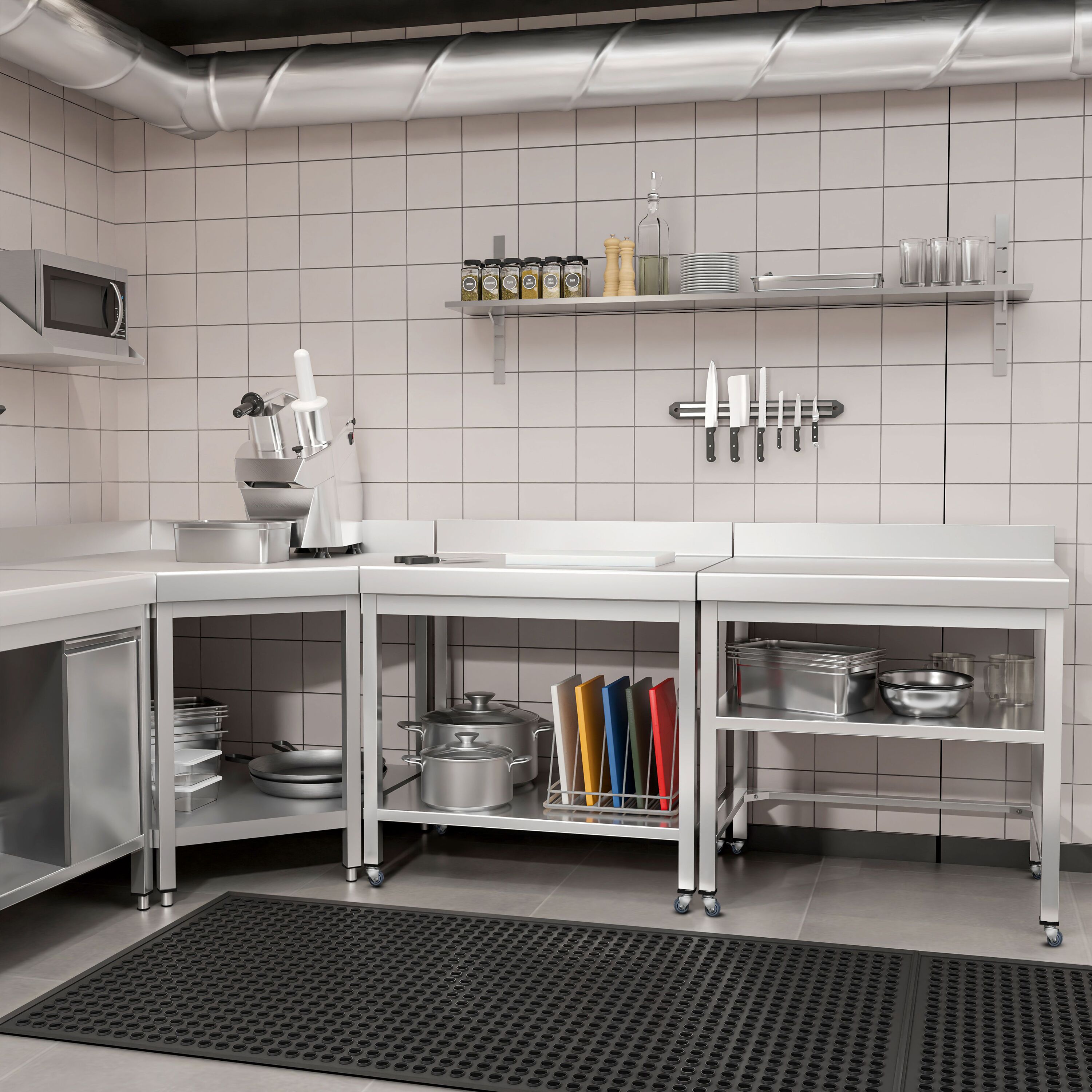 Table de travail en inox PREMIUM - 800 x 600 mm - avec tablette inférieure, dosseret et roulettes
