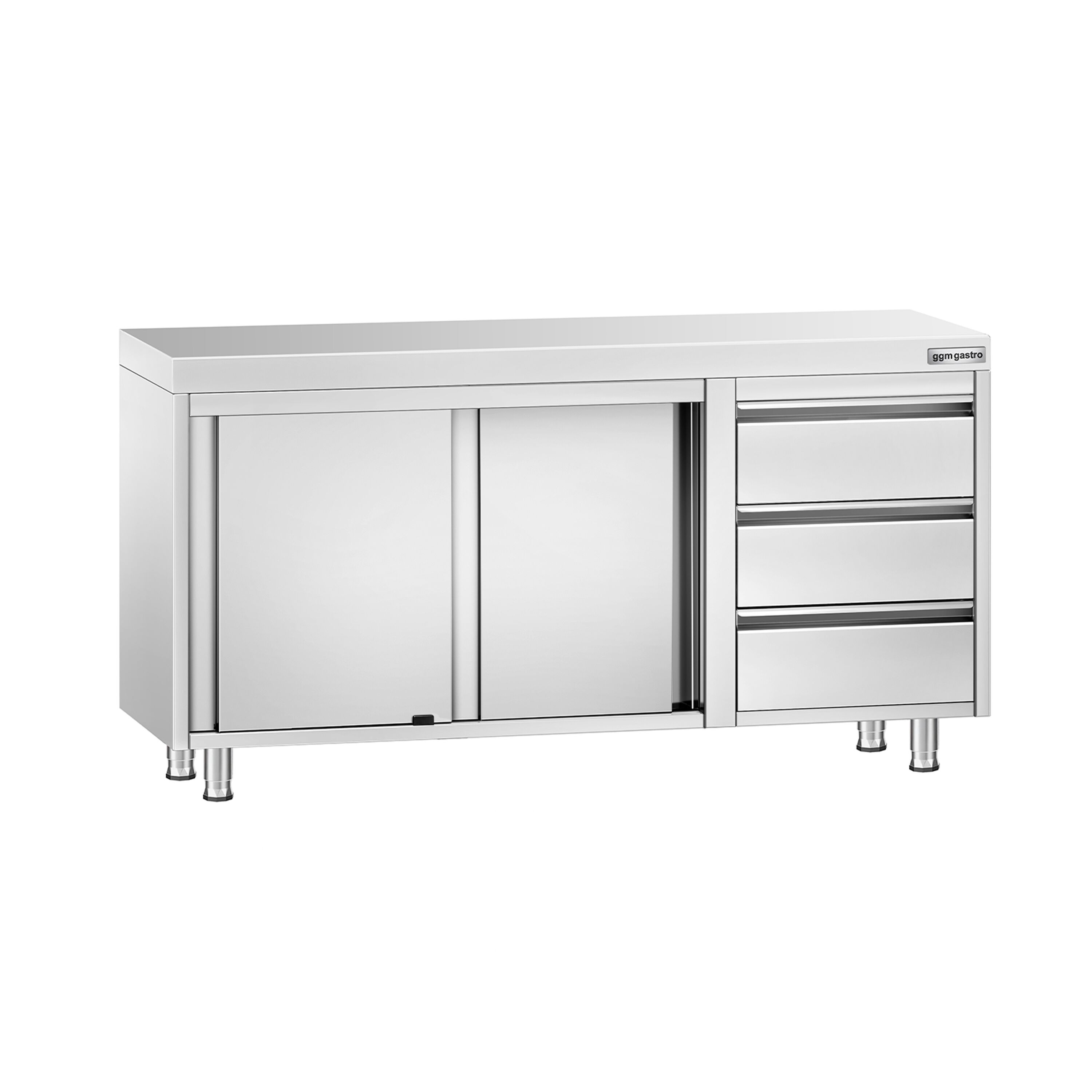 Table armoire en acier inoxydable PREMIUM - 1400x600mm - avec portes coulissantes et 3 tiroirs à droite