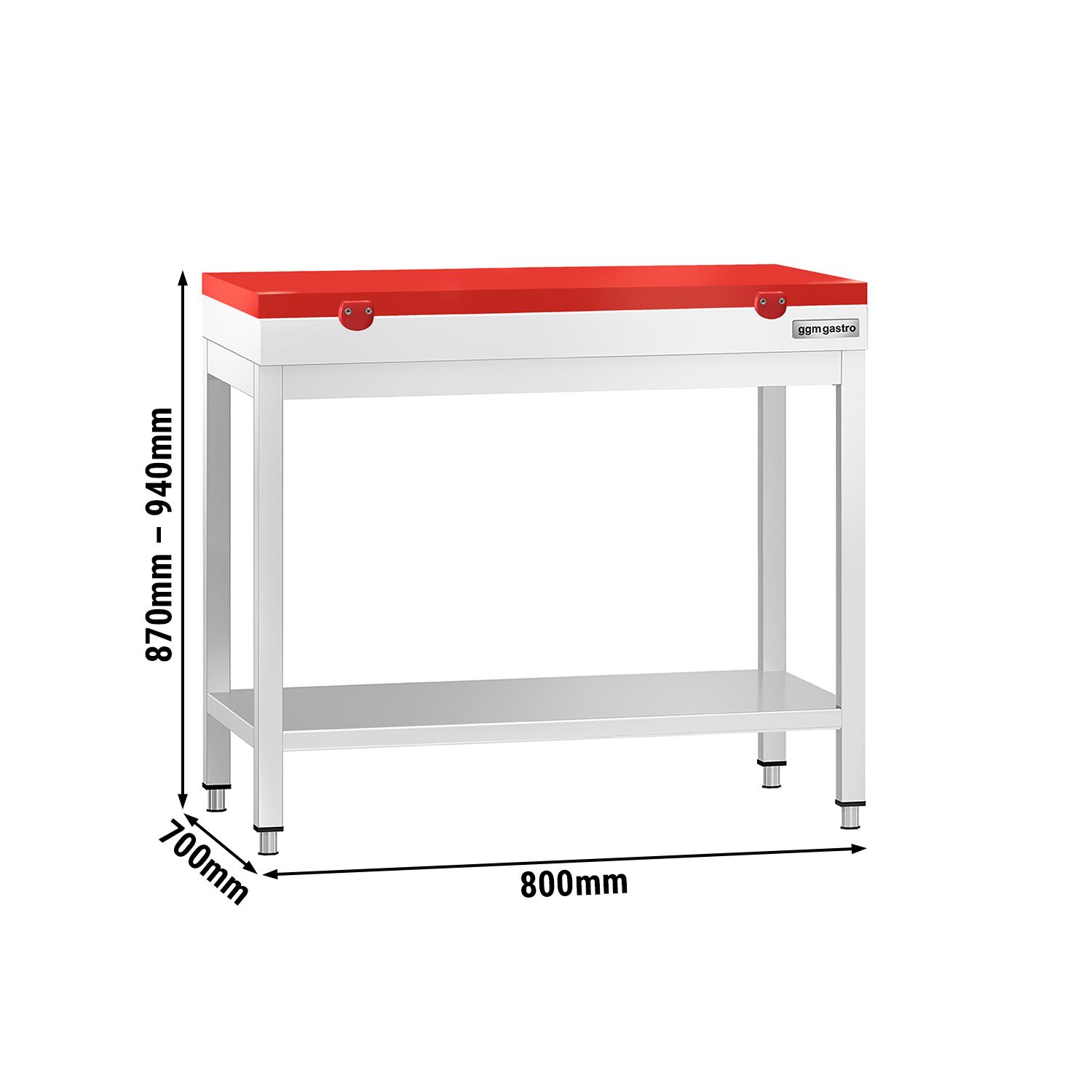 Stół roboczy centralny ze stali nierdzewnej PREMIUM - 800x700mm - z półką - z deską do krojenia Czerwony
