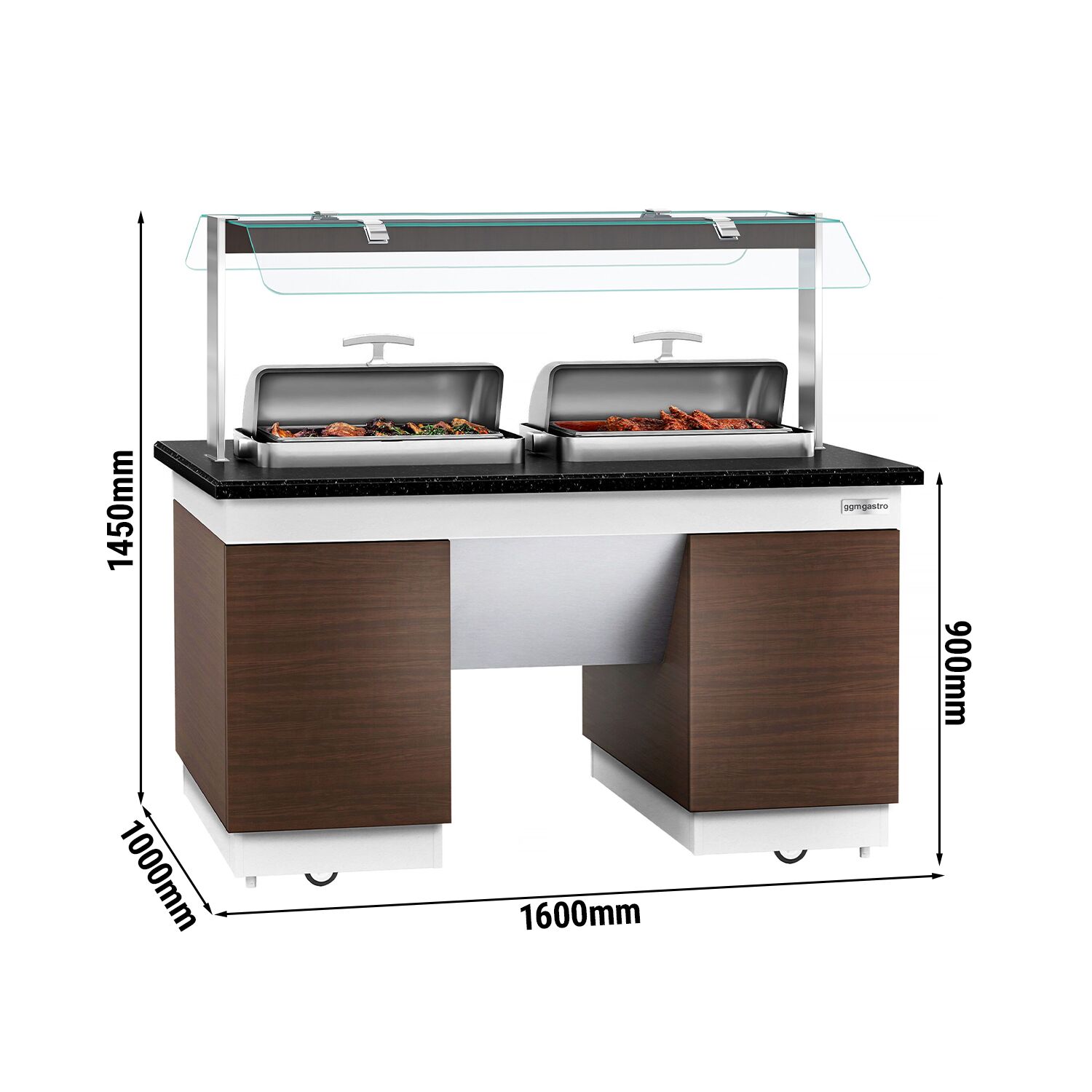 Buffet chaud DUBLIN - 1600mm - avec 2 Chafing Dishes - sur roulettes