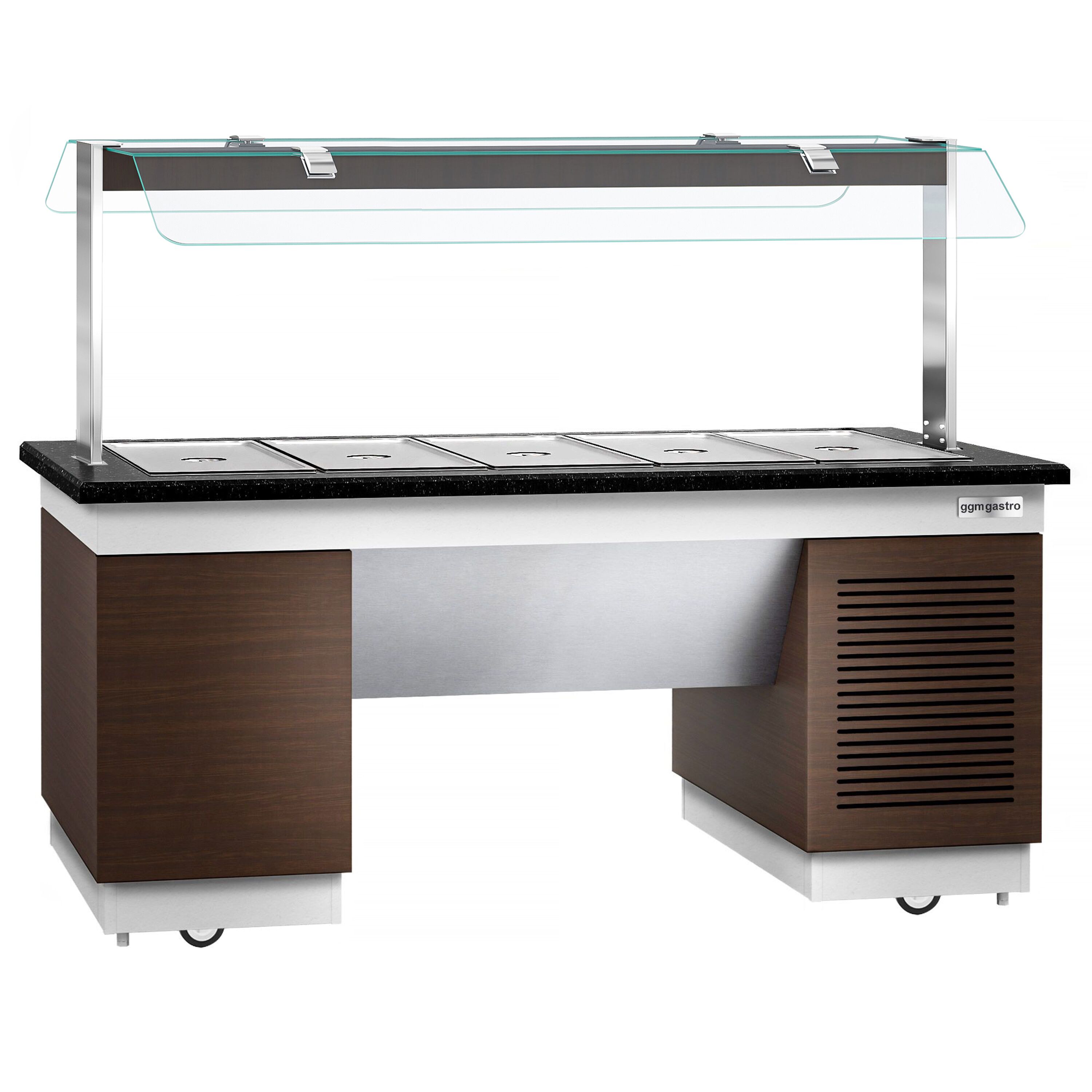 Refrigerated Salad Bar DUBLIN - 2000mm - with Refrigerated Well + Flat Glass Sneeze Guard - on Castors - for 5x GN 1/1