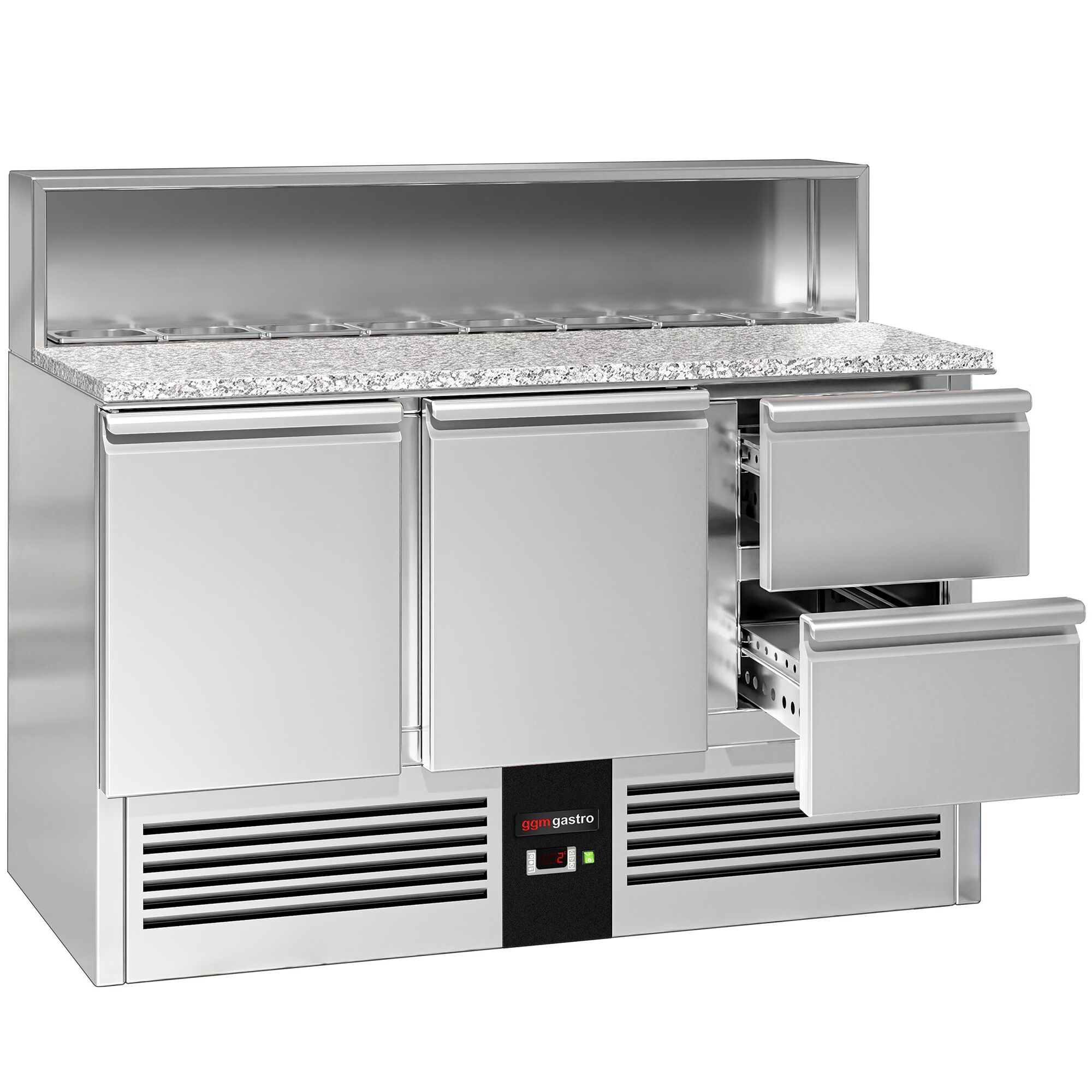 Saladette réfrigérée PREMIUM - 1368mm - 402L - 2 portes & 2 tiroirs - avec découpe pour 8x GN 1/6 & Couvercle inox - plan de travail en granit noir