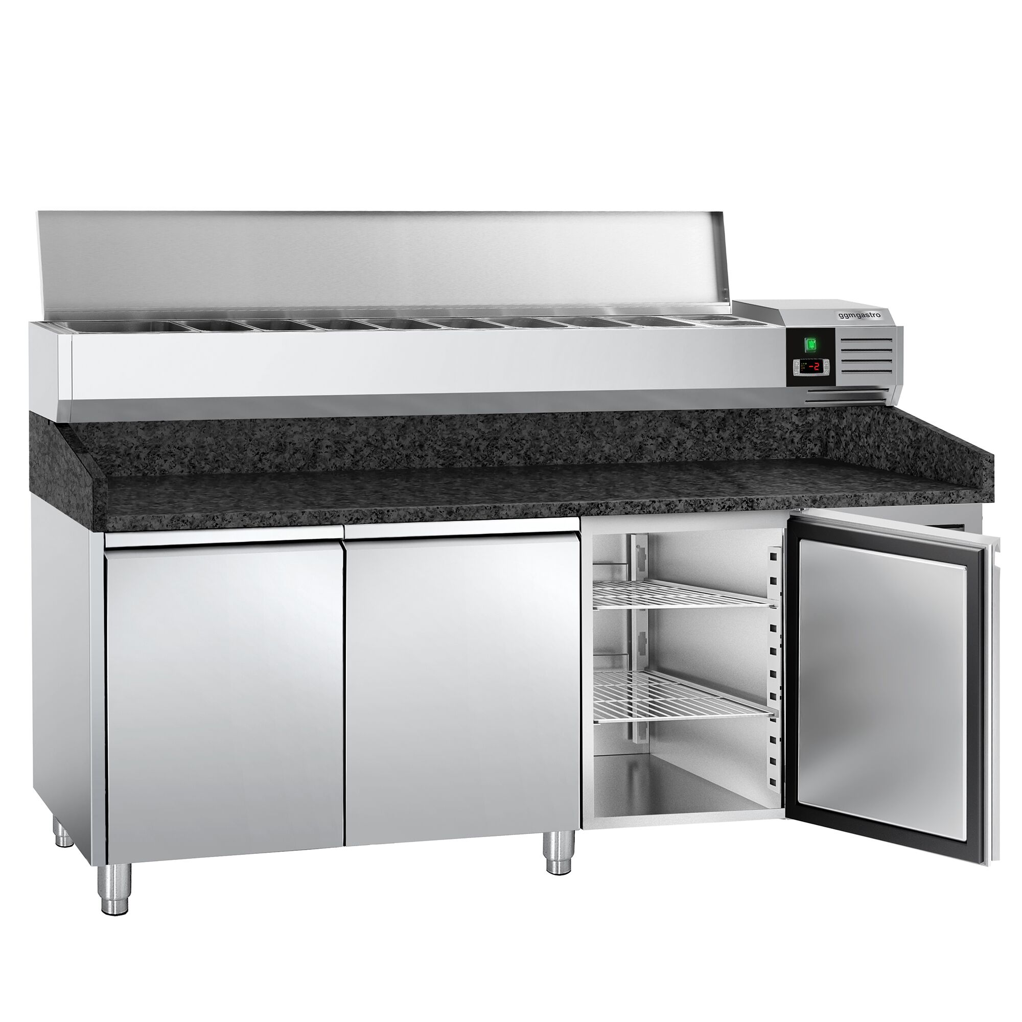 Table réfrigérée à pizza PREMIUM - 2000x800 mm - avec 3 portes - incl. vitrine réfrigérée - 10x GN 1/4