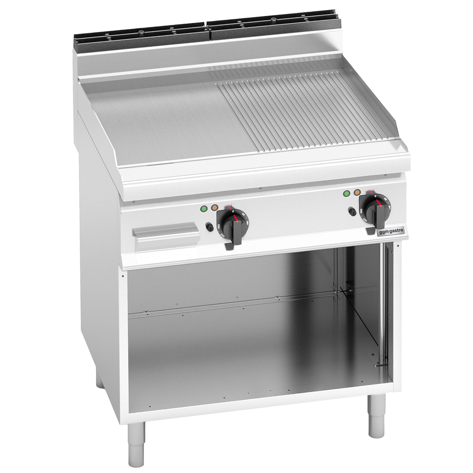 Plancha électrique - plaque acier - 2 zones - 9,60 kW - 1/2 lisse, 1/2 rainurée - Surface de cuisson : 800x714mm - incl. support