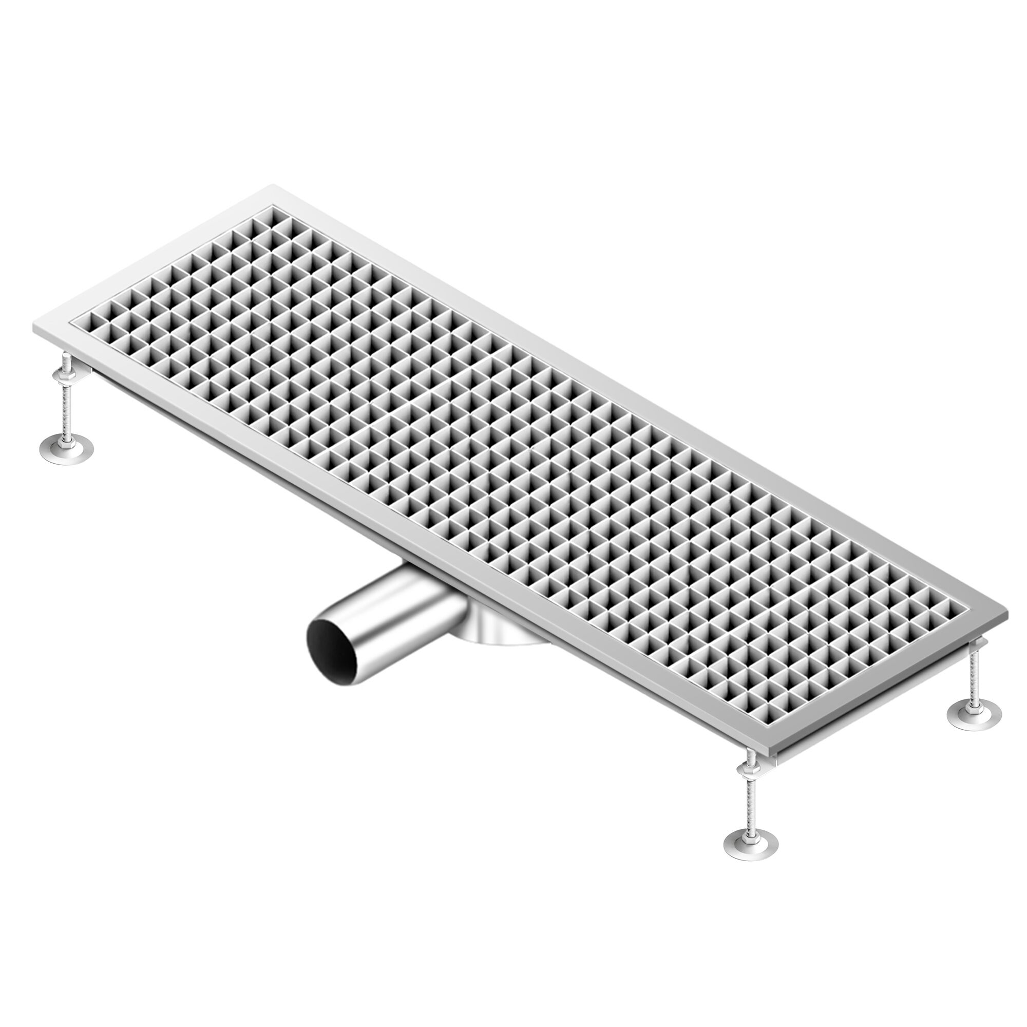 Caniveau de sol en acier inoxydable - 900x300mm - sortie horizontale Ø70mm - avec caillebotis