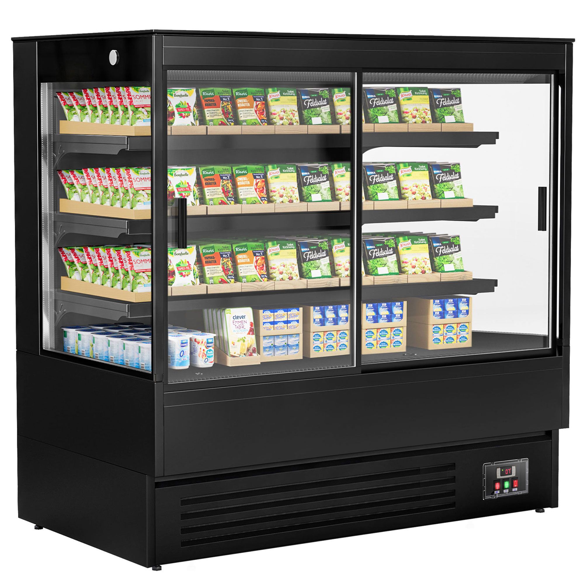 Commercial multideck display fridge - 1520mm - 493L - with 2 double‑glazed sliding doors & 3 shelves - Black