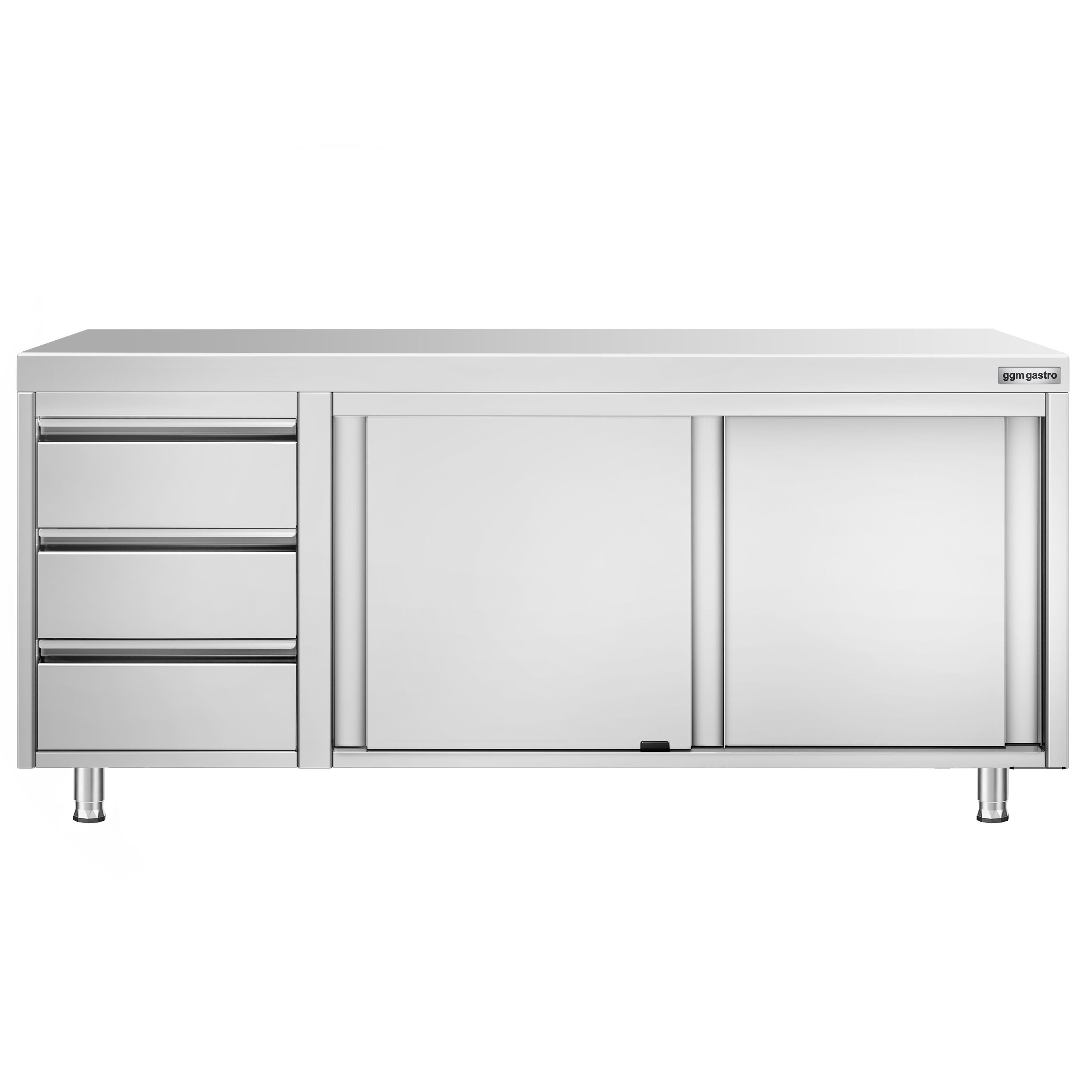 Table armoire en acier inoxydable PREMIUM - 2000x600mm - avec 3 tiroirs à gauche et portes coulissantes et étagère basse