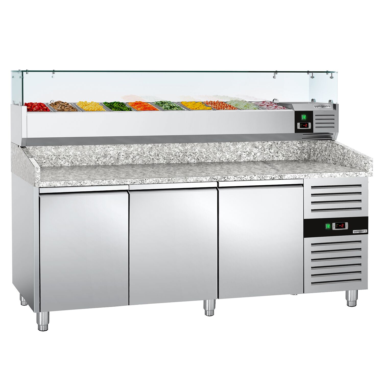 Table réfrigérée à pizza ECO - 2000 x 800 mm - avec 3 portes - incl. vitrine réfrigérée - 10 x GN 1/4