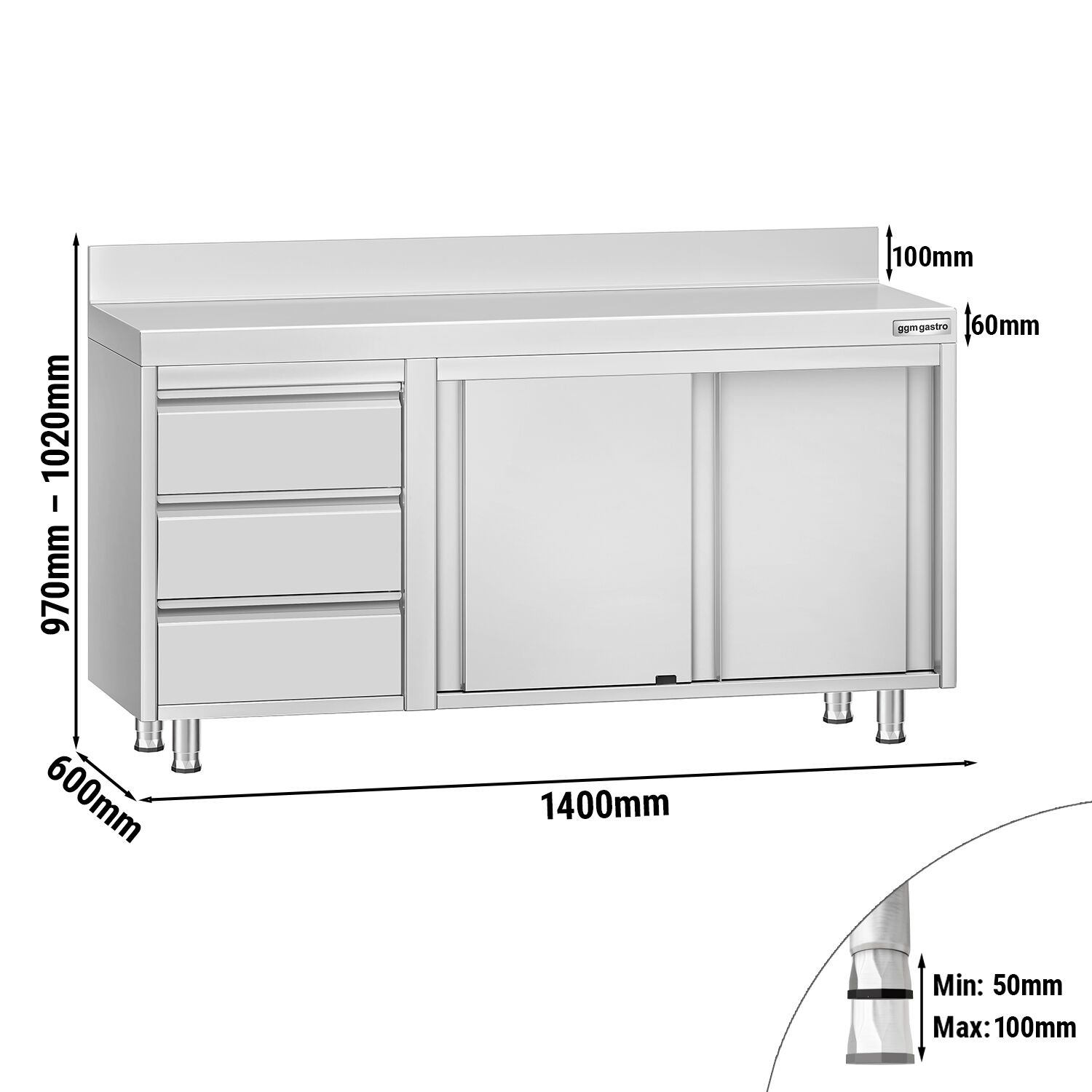 Table armoire en acier inoxydable ECO - 1400x600mm - avec 3 tiroirs à gauche et portes coulissantes et étagère basse - avec dosseret