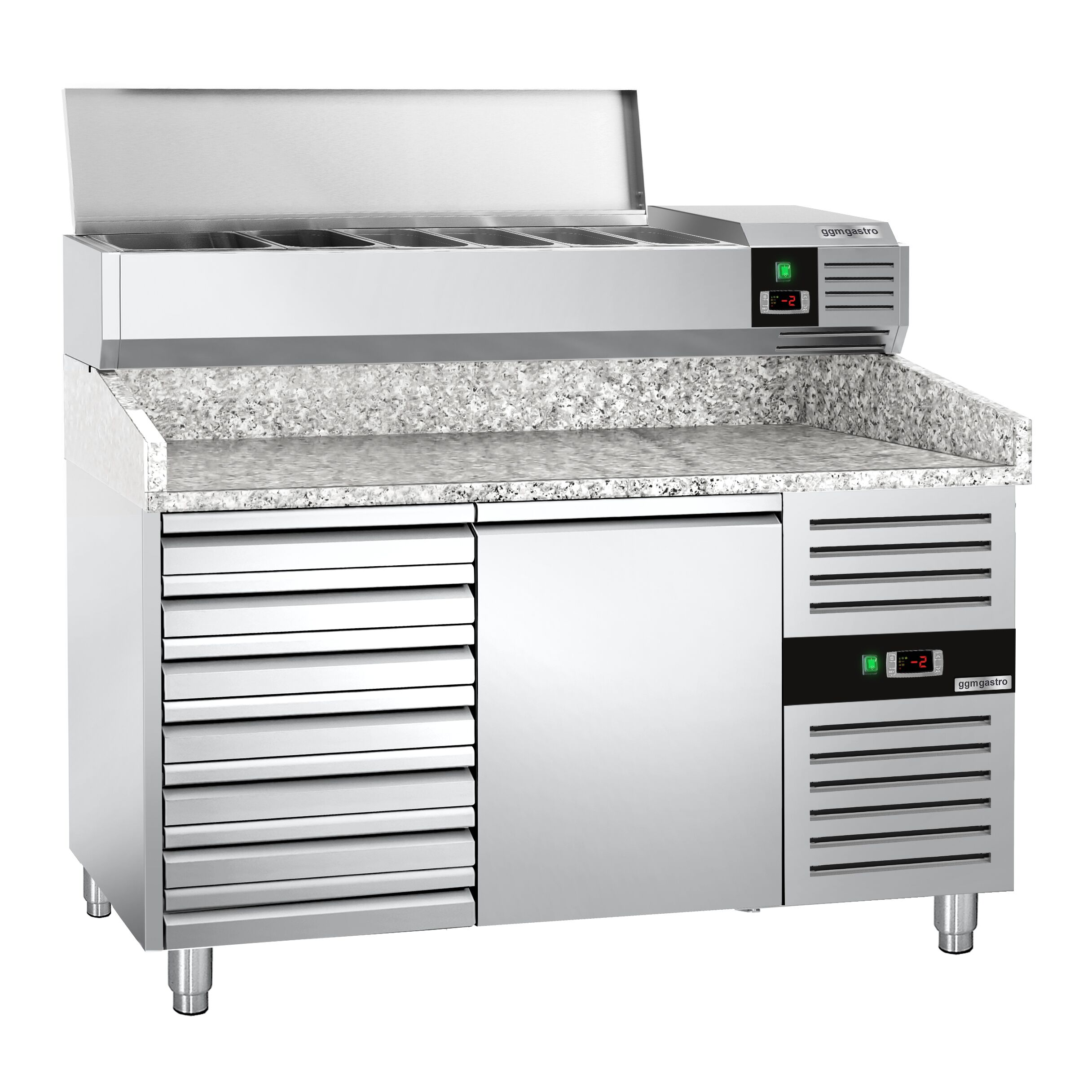 Table réfrigérée à pizza PREMIUM - 1500 x 800 mm - avec 1 porte et 7 tiroirs - incl. vitrine réfrigérée - 6 x GN 1/3