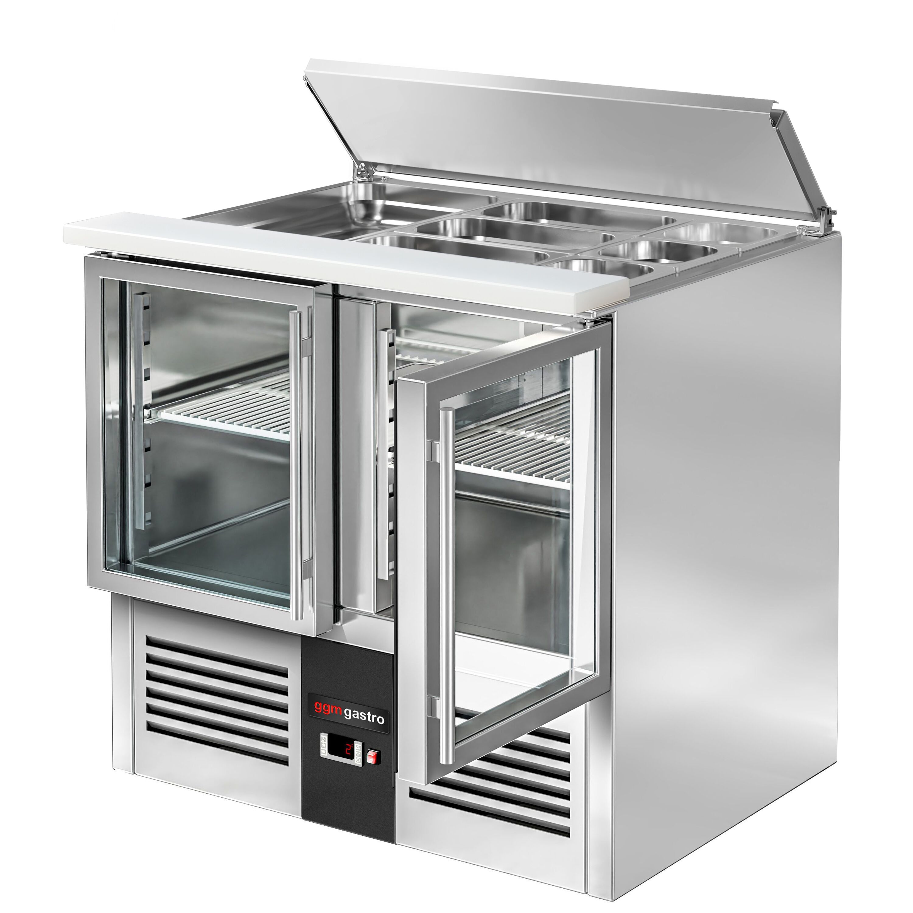 Saladette réfrigérée PREMIUM - 903mm - 240L - 2 portes vitrées - avec découpe pour 2x GN 1/1 & 3x GN 1/6 & Couvercle inox - plan de travail en granit noir