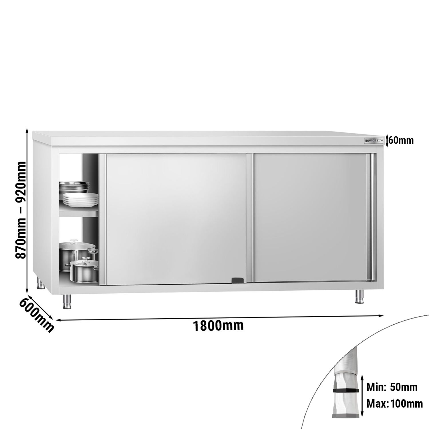 Table armoire en acier inoxydable PREMIUM - 1800x600mm - avec portes coulissantes et passe-plats