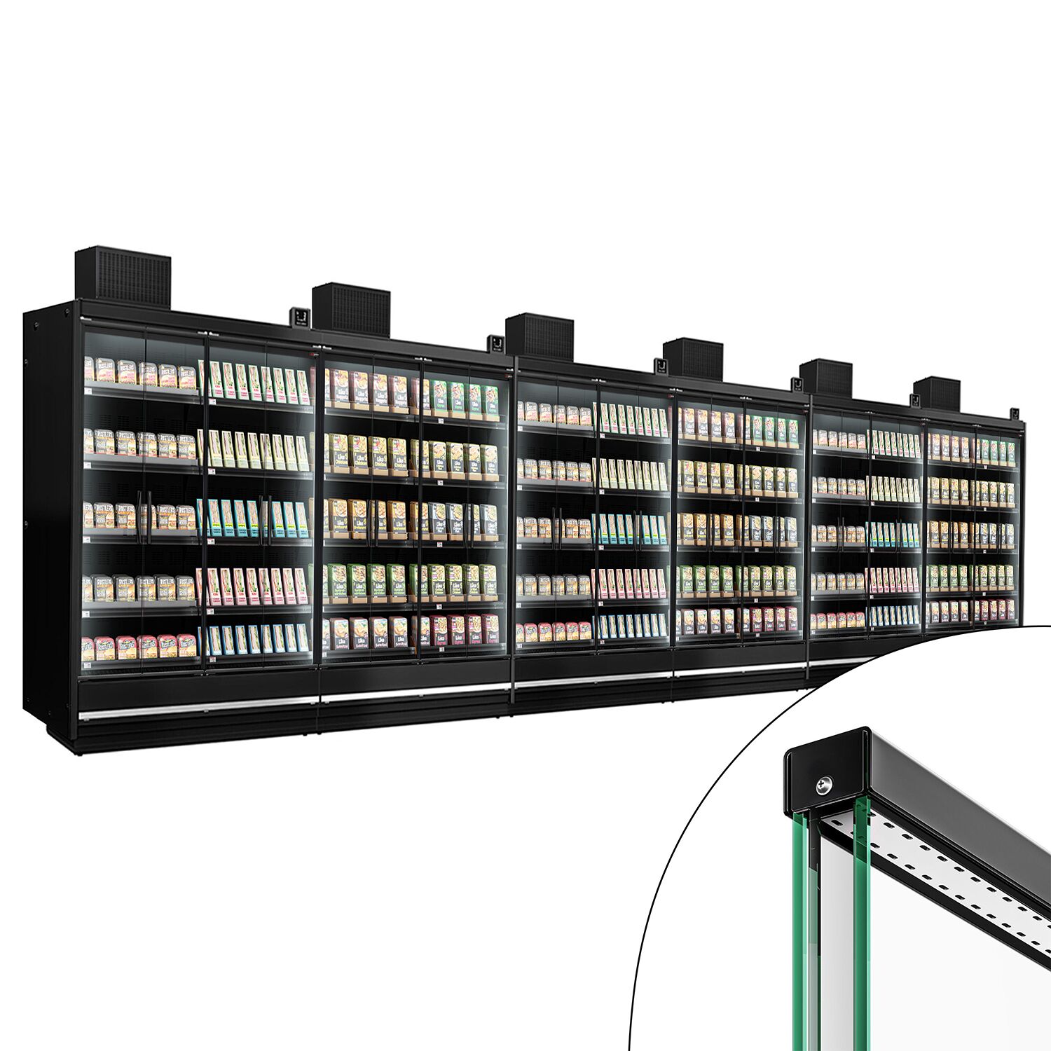 (6 pcs) Vitrine murale de congélation de supermarché - 11250mm - avec 4 portes battantes vitrées & 5 étagères - Noir