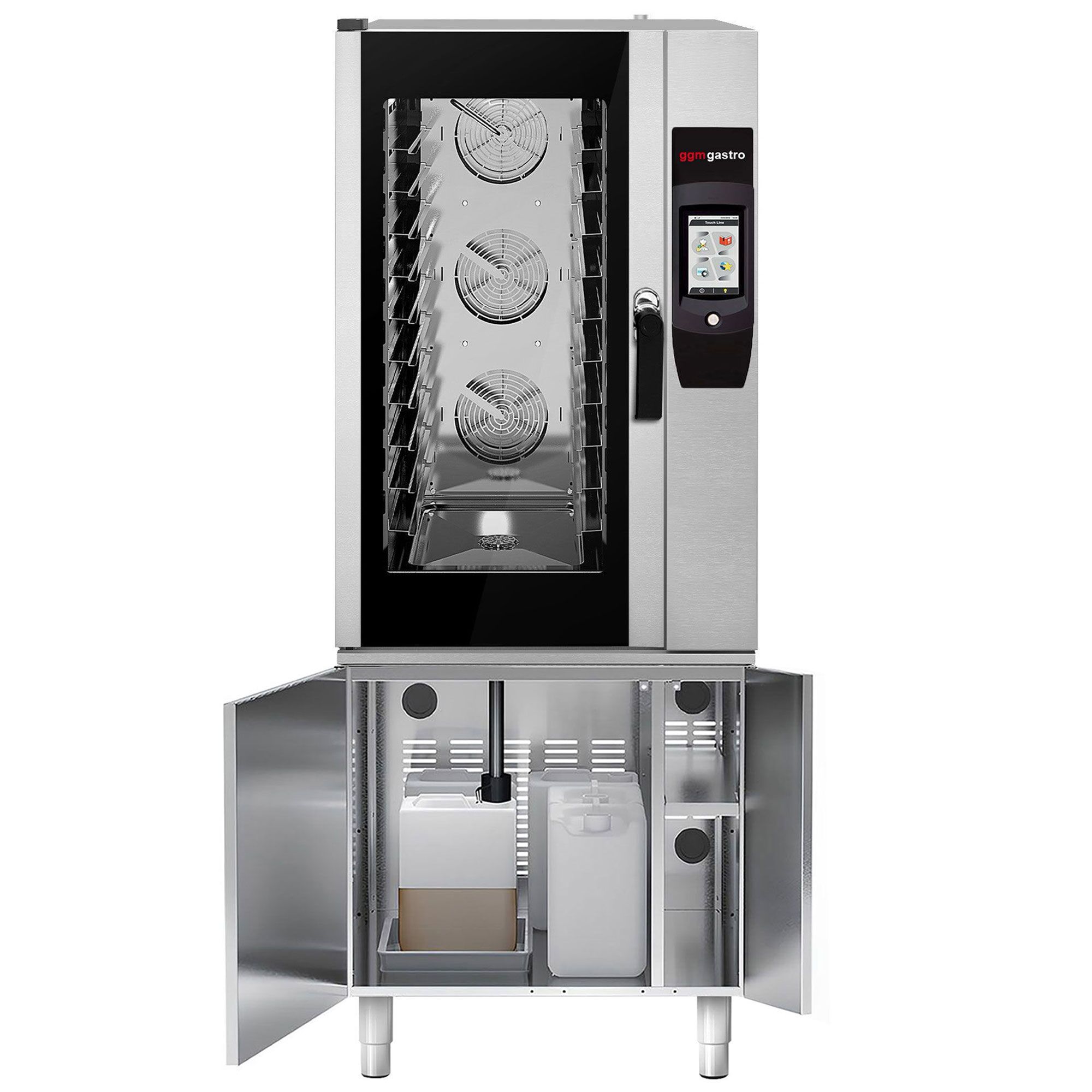 Four mixte - tactile - 10 x GN 1/1 - avec rôtissoire à poulet, système de récupération des graisses, soubassement, système de lavage et sonde de température