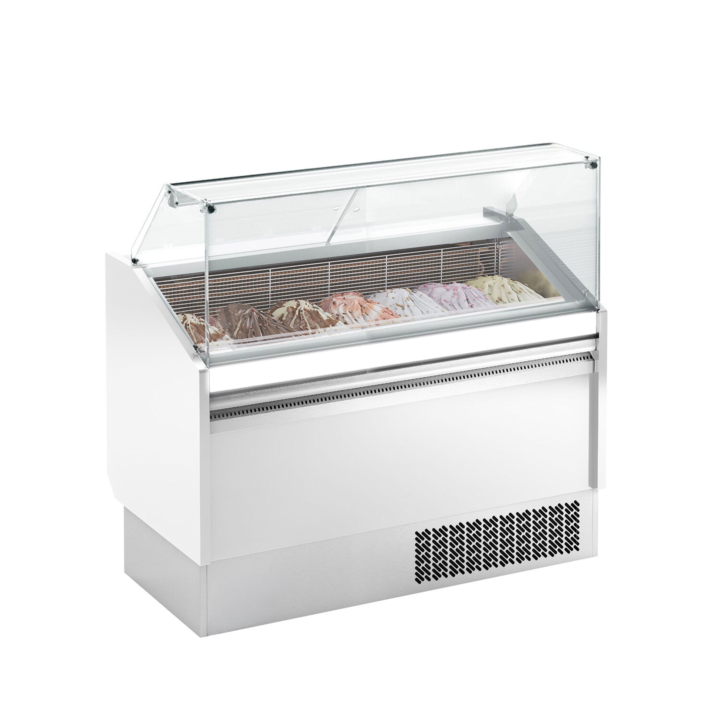 Vitrine à glace LEVI – 1310 mm – refroidissement statique – pour 7+7 bacs à glace de 5 litres – Blanc