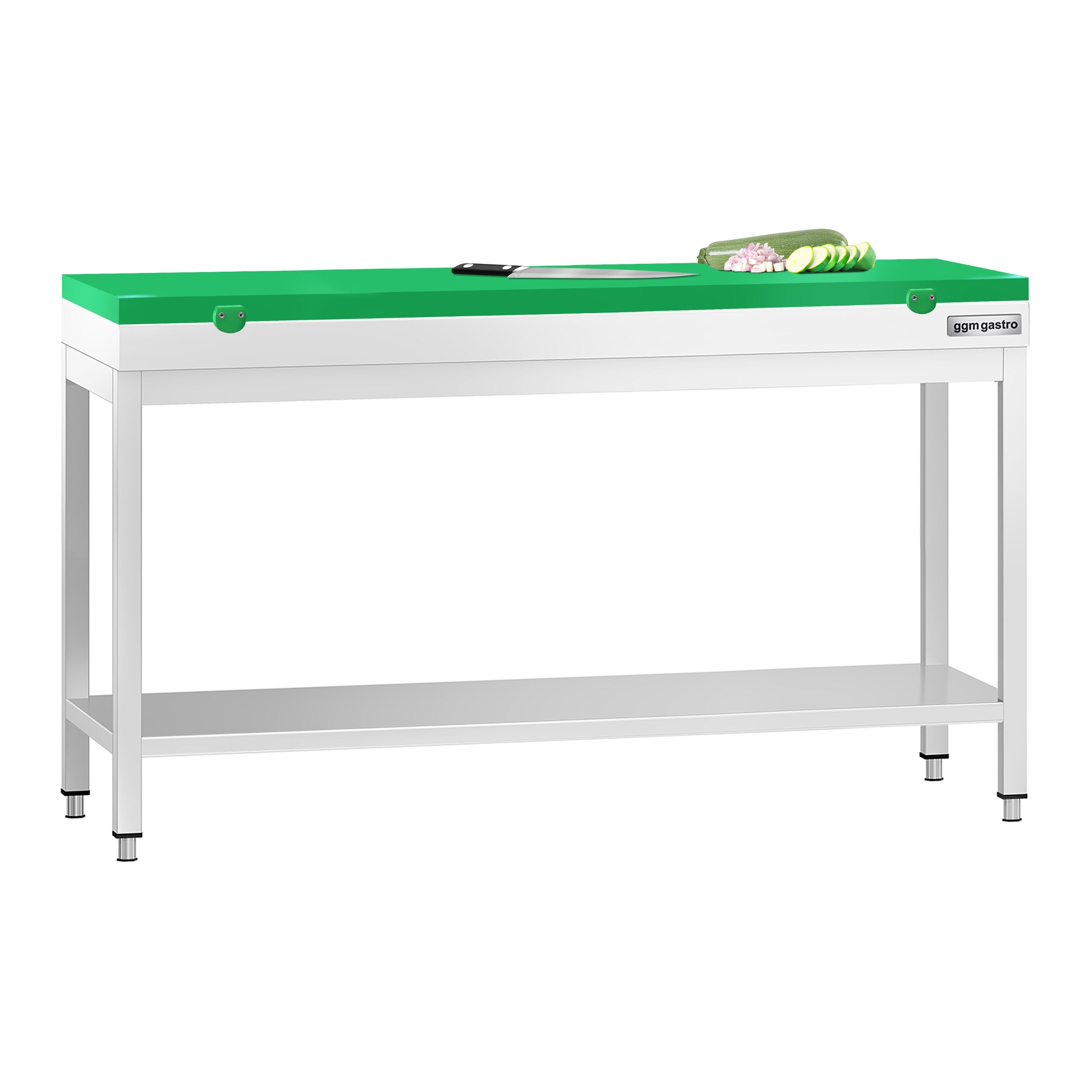 Table de travail inox PREMIUM - 1600 x 700 mm - avec tablette inférieure - incl. Planche à découper Verte