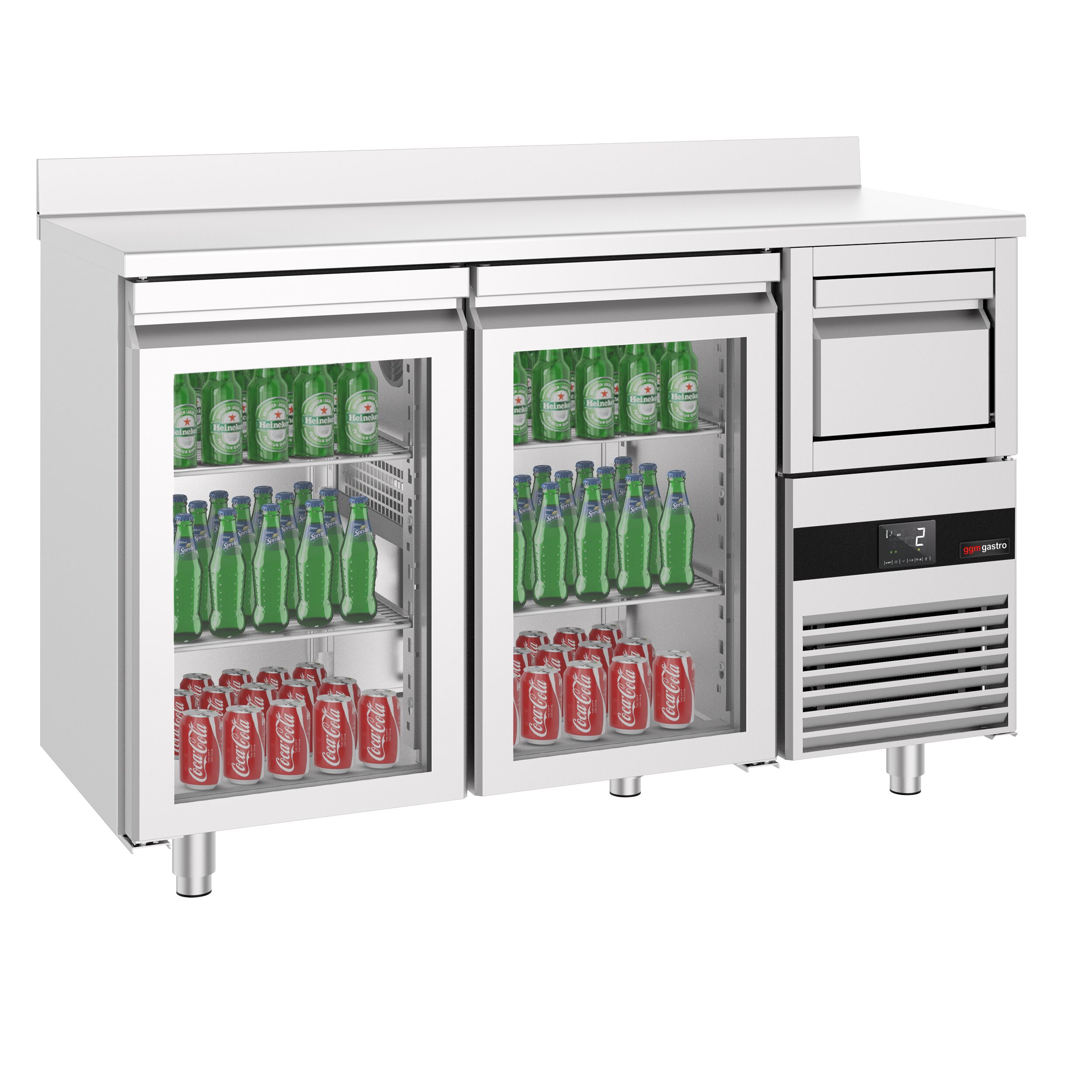 Arrière-bar réfrigéré professionnel PREMIUM - 1580 x 600 mm - avec 2 portes vitrées - avec dosseret - avec tiroir à marc de café