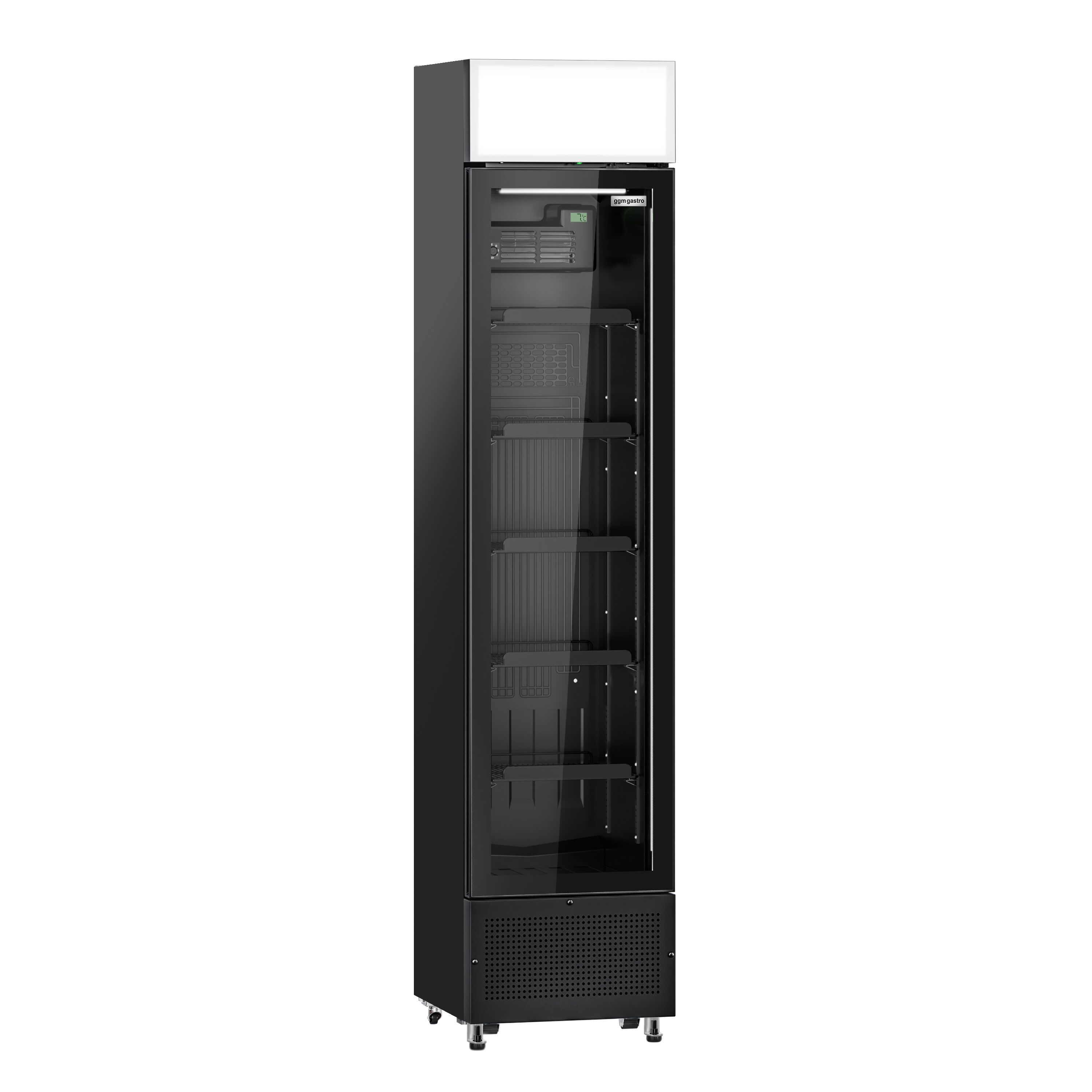 Commercial Beverage Display Fridge with Illuminated Canopy - 435mm - 145 Litres - with 1 hinged glass door - LED lighting - Black - Temperature range 1 to 10 °C