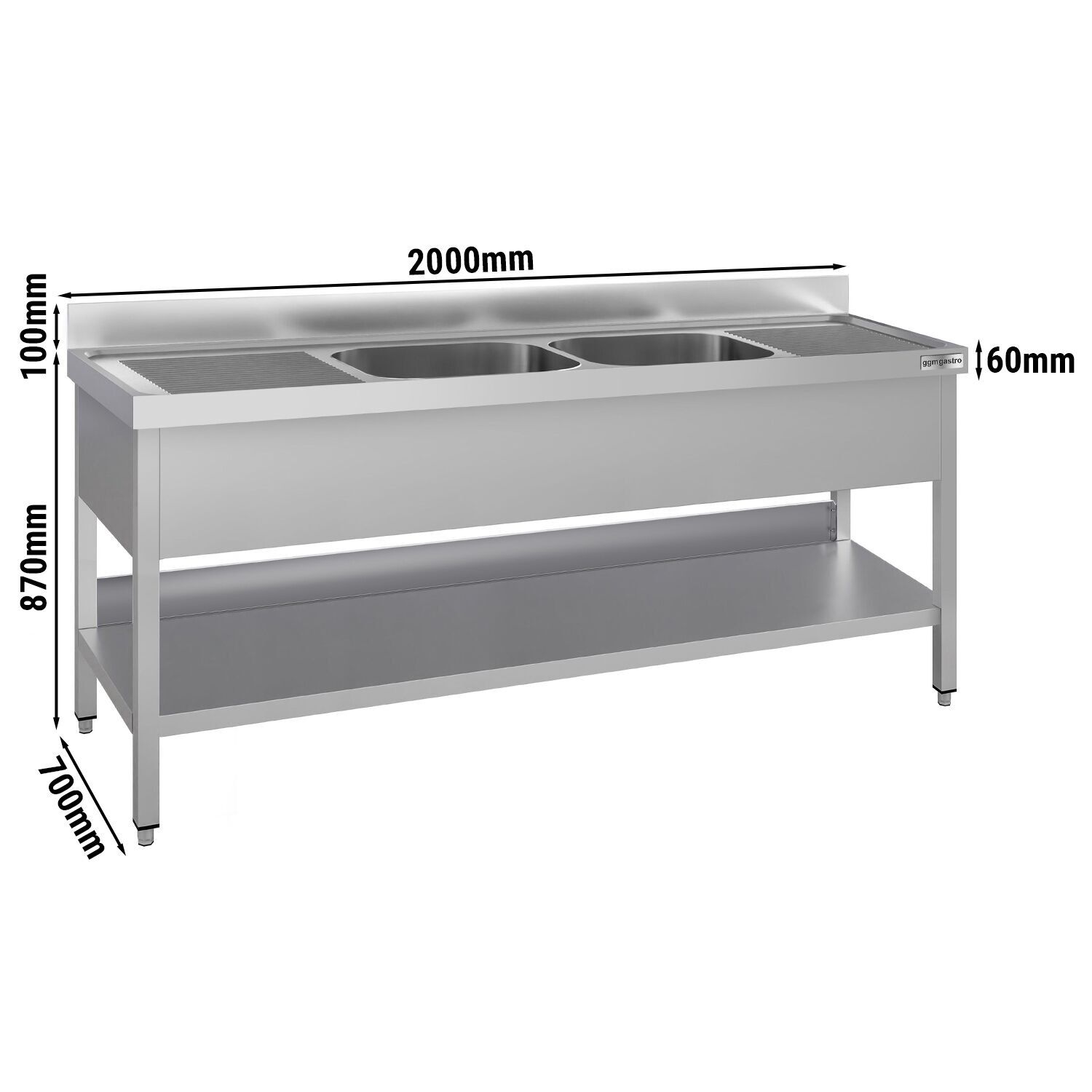 Plonge en inox ECO - 2000x700mm - avec étagère basse - 2 bacs au centre