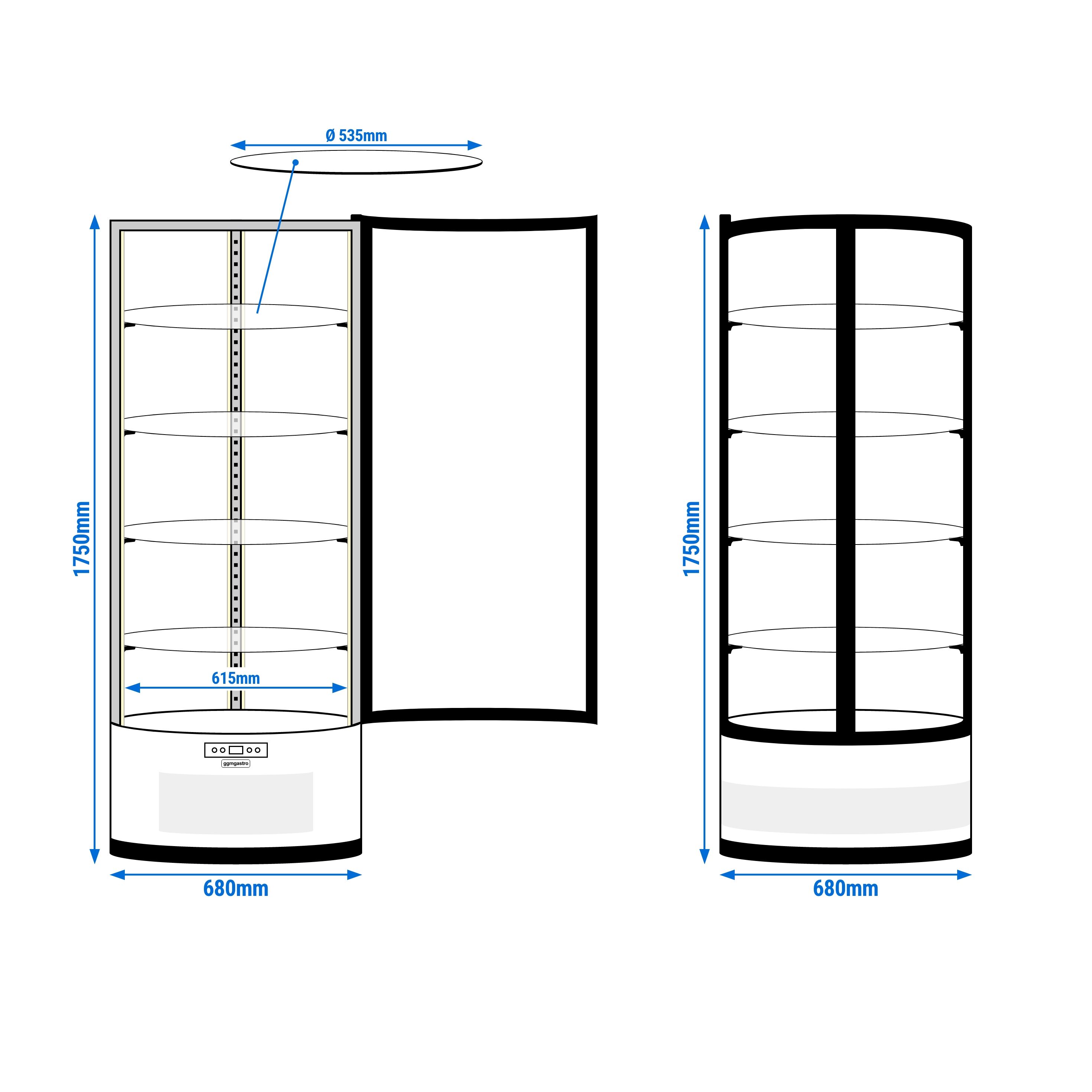 Vitrine réfrigérée 4 faces vitrées / Vitrine panoramique – 360 litres – 680 mm – 4 étagères – Noir