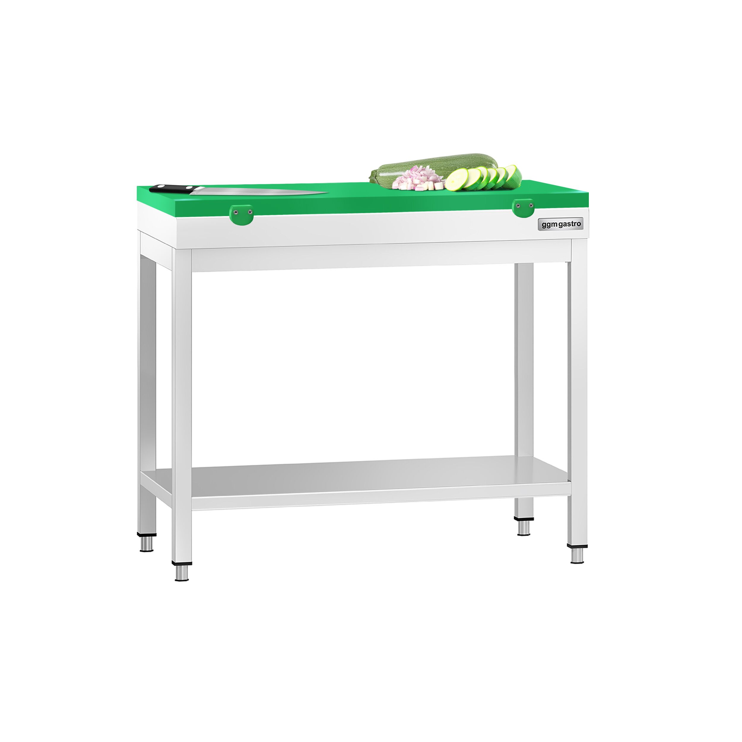 Stół roboczy centralny ze stali nierdzewnej PREMIUM - 800x600mm - z półką & wzmocniony - z deską do krojenia Zielony
