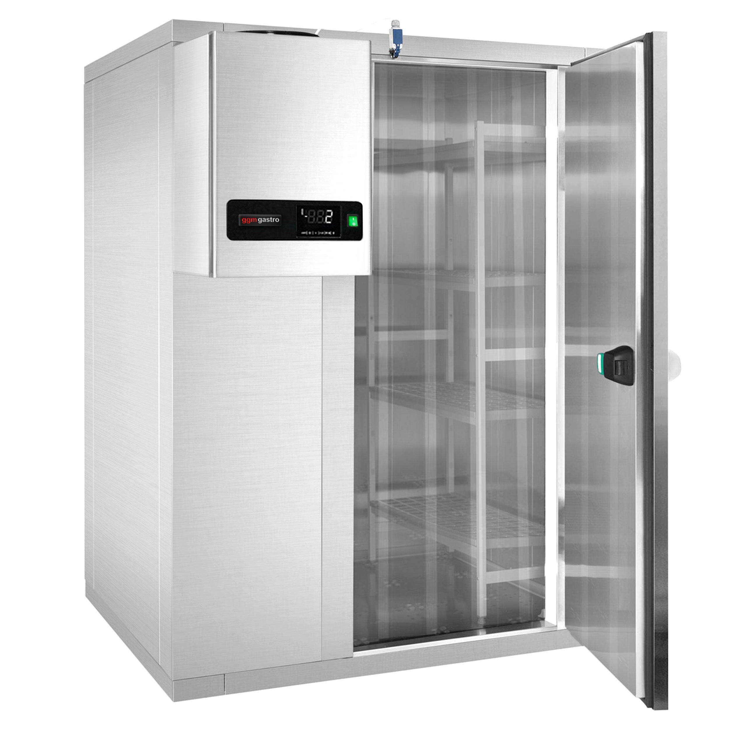 Chambre de congélation en inox – 1800 × 1200 mm – 2,65 m³ – avec groupe de congélation et rideaux à lamelles inclus