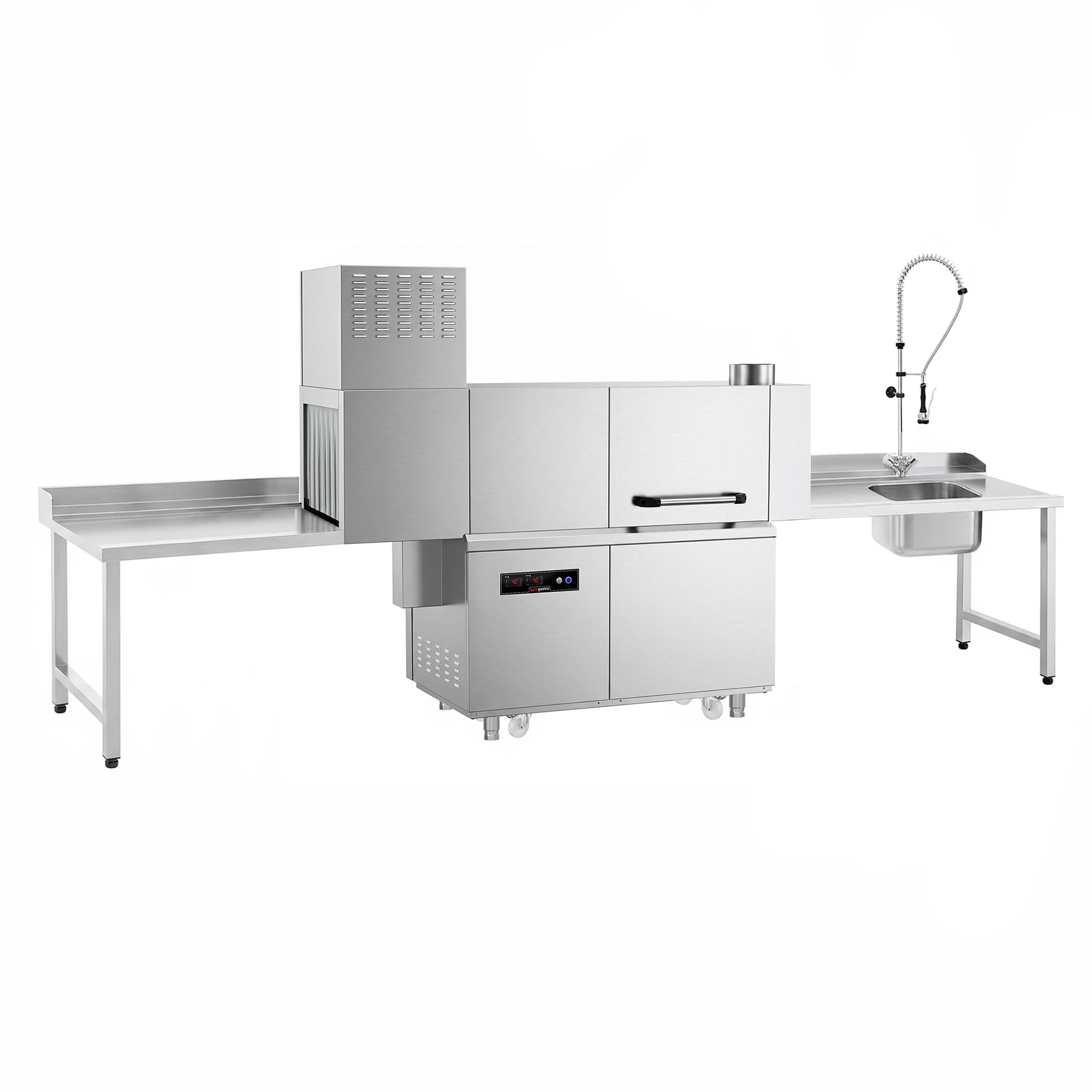 Lave-vaisselle à convoyeur - Commande électronique (affichage numérique) - 47kW - panier 500x500mm - avec tunnel de séchage - avec pompes doseuses intégrées pour détergent et produit de rinçage - Table d’entrée à gauche