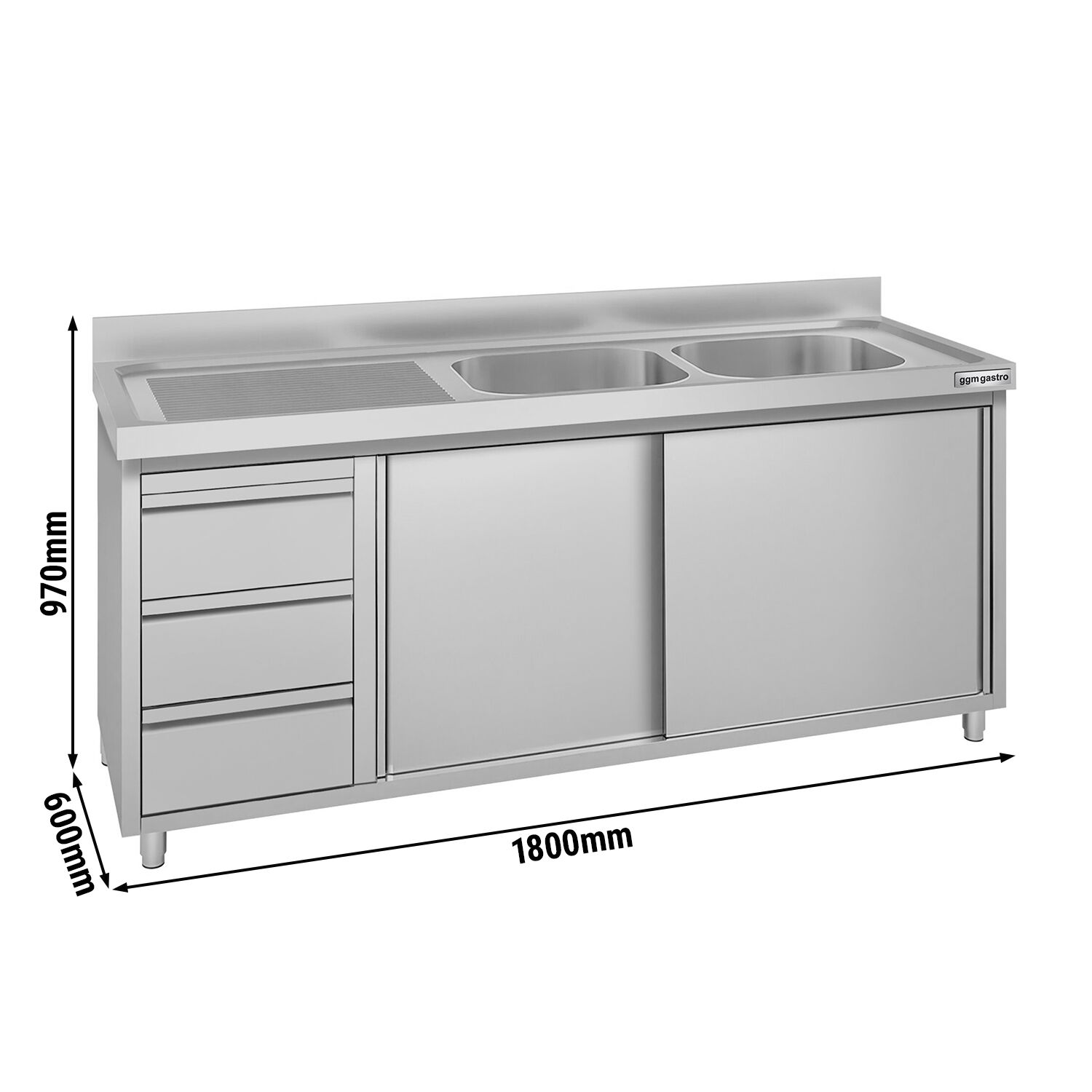 Meuble évier ECO - 1800 x 600 mm - avec 3 tiroirs & 2 bacs à droite