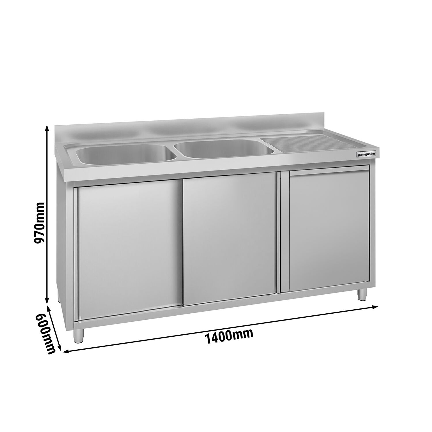 Meuble évier ECO - 1400 x 600 mm - avec poubelle & 2 bacs à gauche