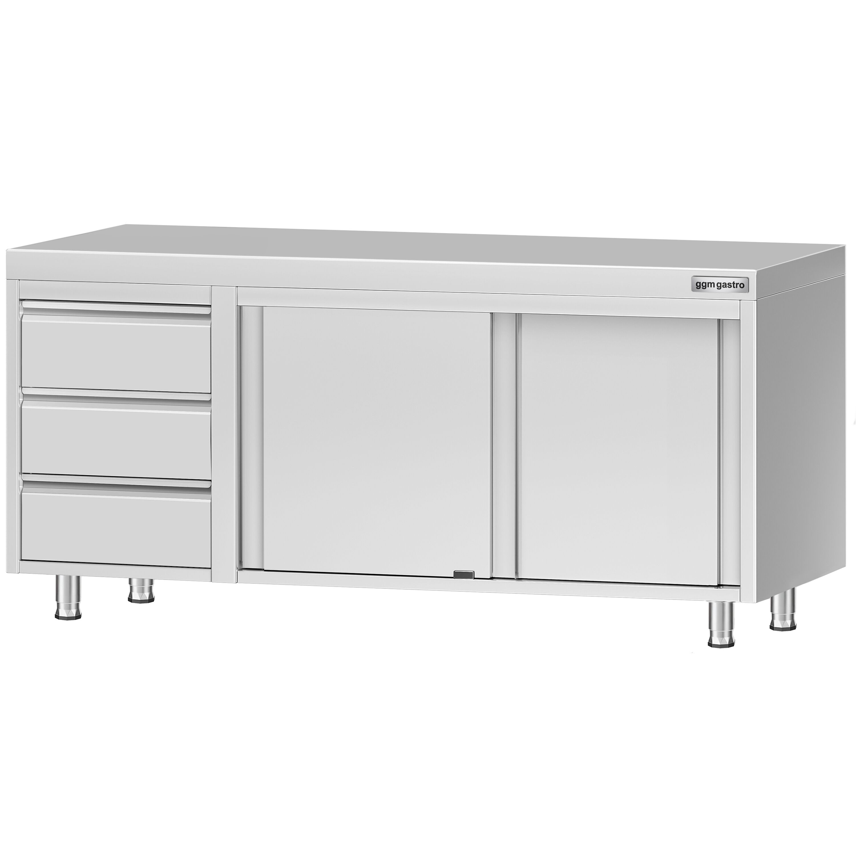 Table armoire en acier inoxydable ECO - 1800x600mm - avec portes coulissantes et 3 tiroirs à gauche et étagère basse