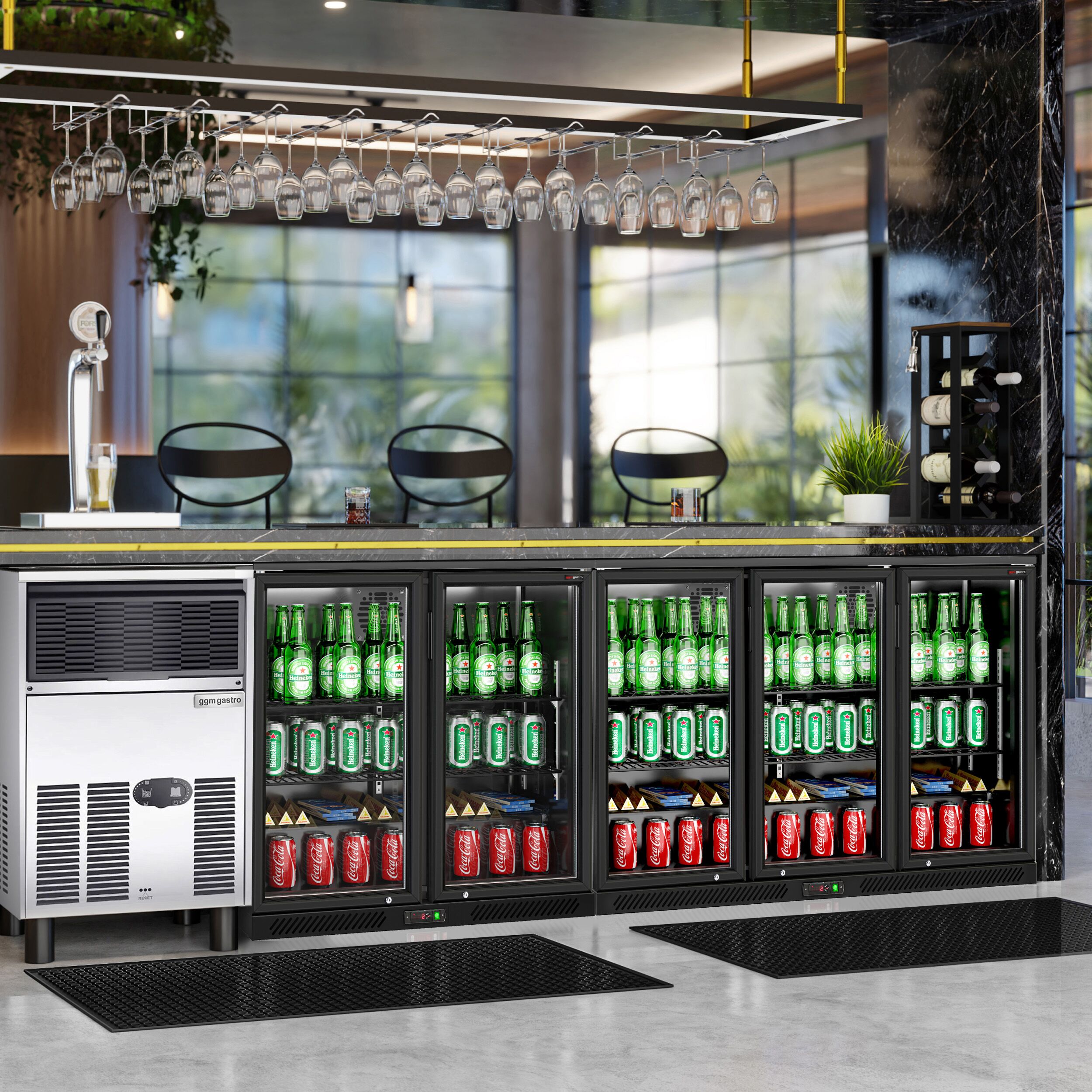 Réfrigérateur de bar – 1350 mm – 320 litres – avec 3 portes vitrées battantes – Extérieur & intérieur Noir
