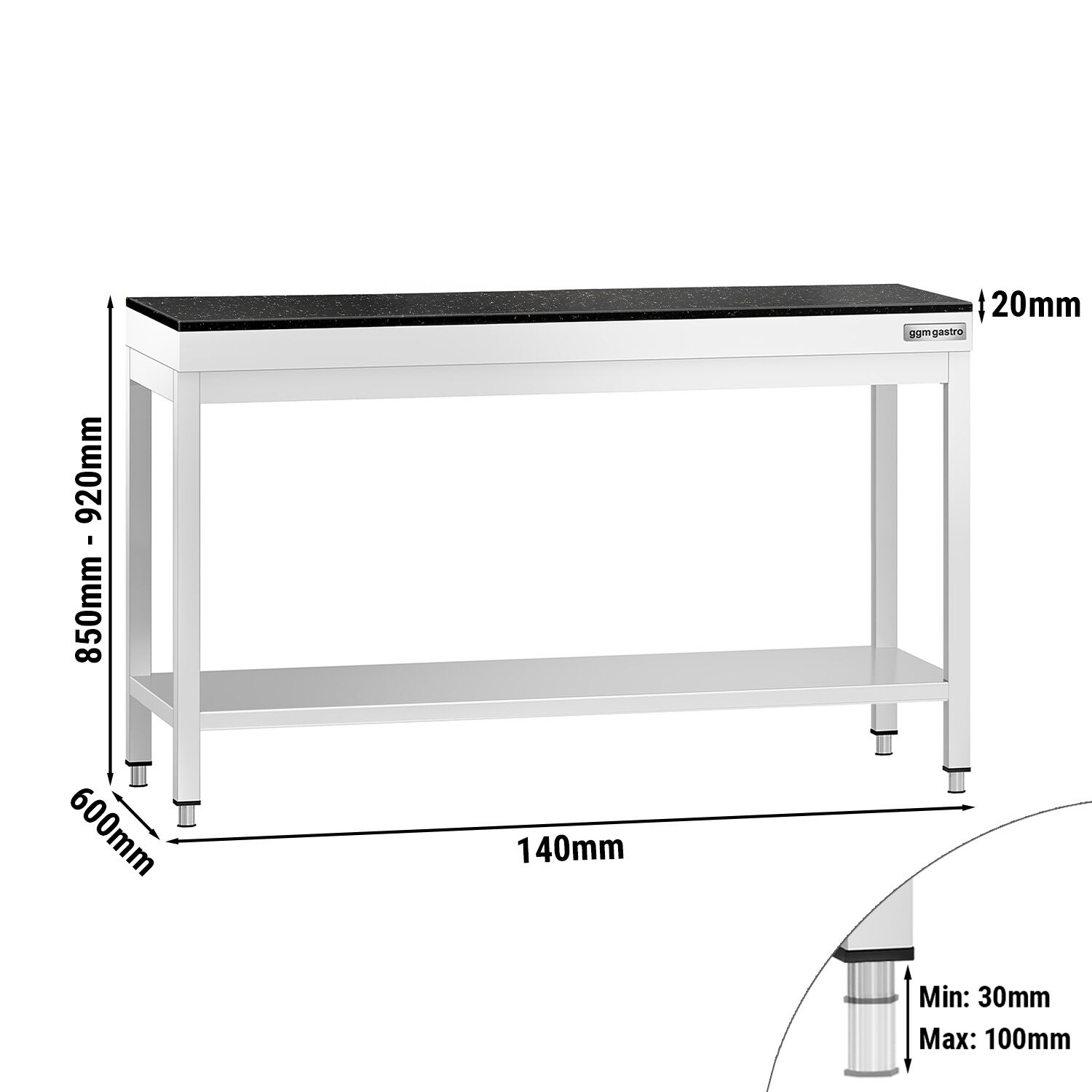 Table de travail inox PREMIUM - 1400 x 600 mm - avec tablette inférieure - incl. Plan de travail en Granit