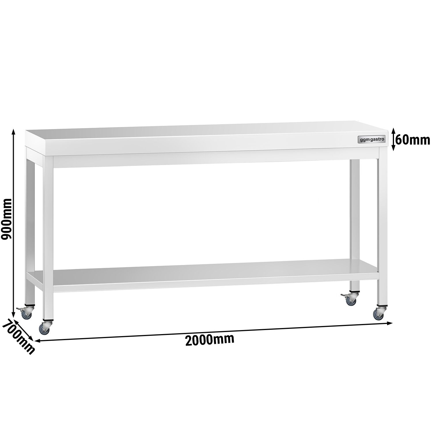Table de travail en inox PREMIUM - 2000 x 700 mm - avec tablette inférieure et roulettes