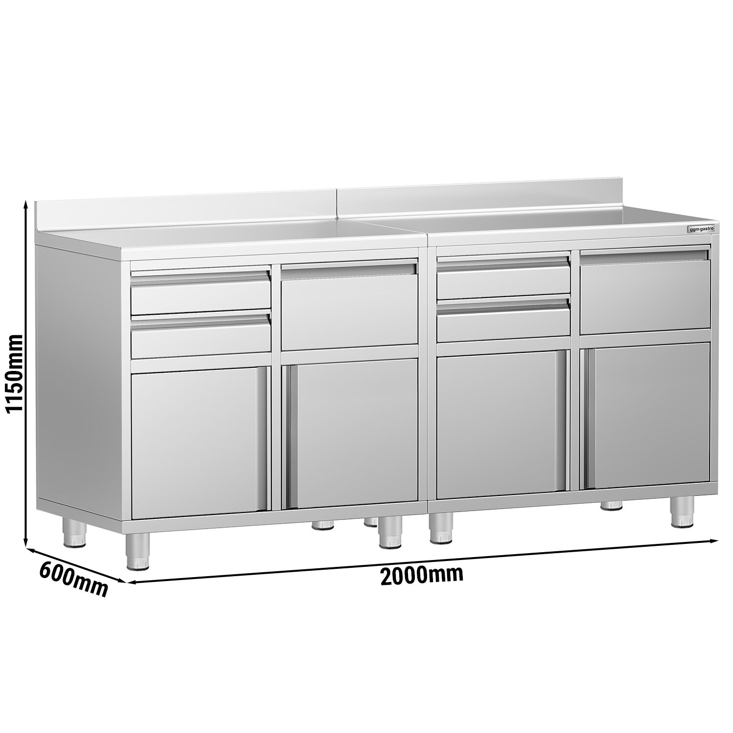 Armário de trabalho - para máquina de café - 2000x600mm - com 4 gavetas, 2 portas de batente e 2 gavetas para borras de café - com aba traseira 100mm
