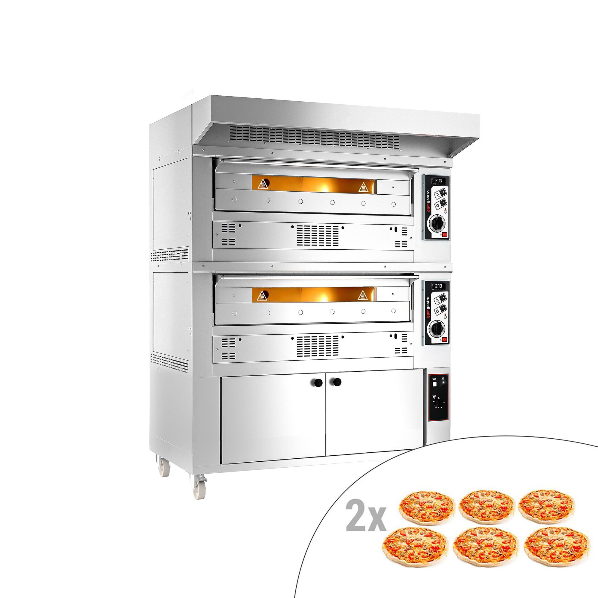 Four à pizza à gaz - 6 + 6 x 33 cm - Manuel - avec hotte et armoire de fermentation