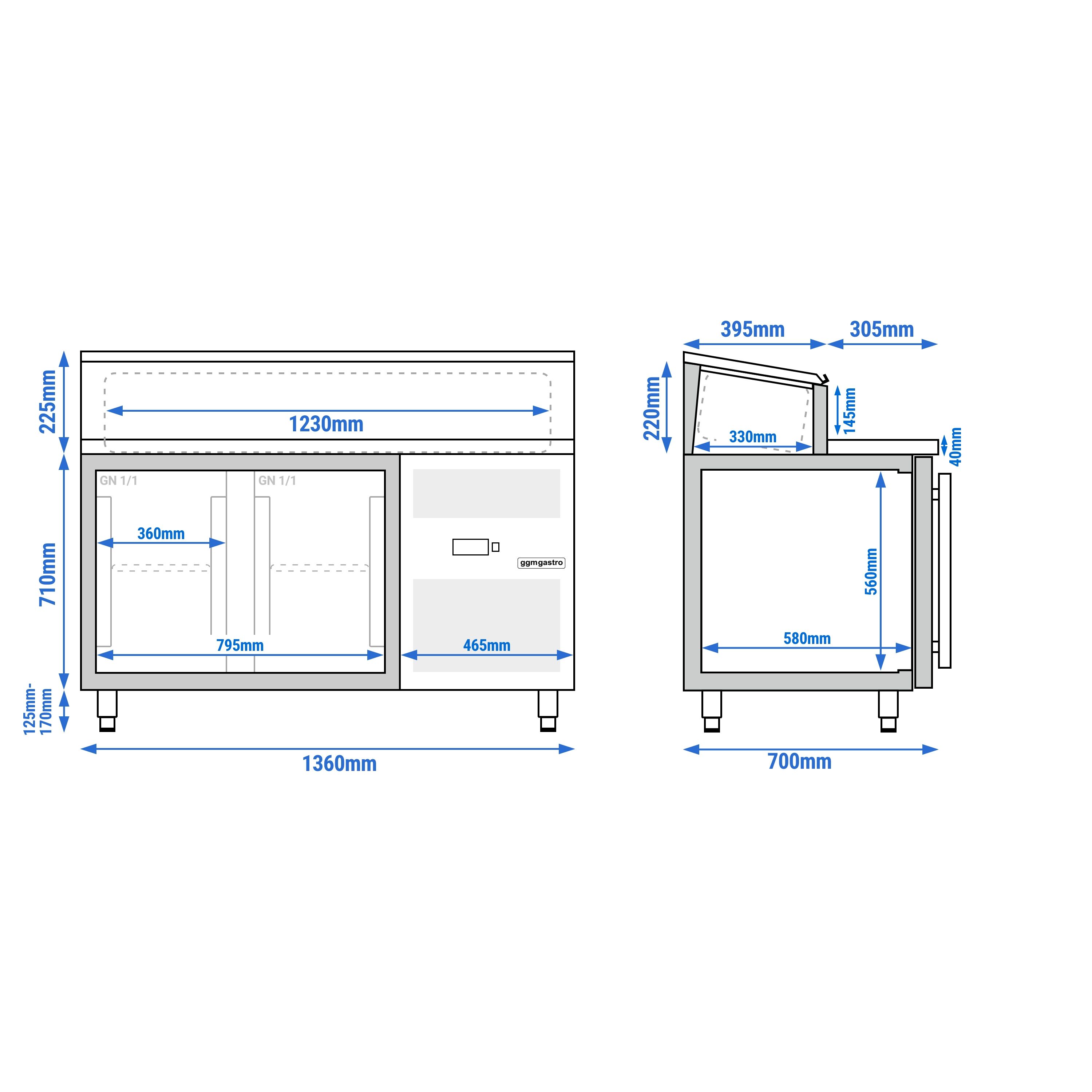 Table de préparation PREMIUM – 1360 mm – 2 portes vitrées – pour 7 bacs GN 1/3