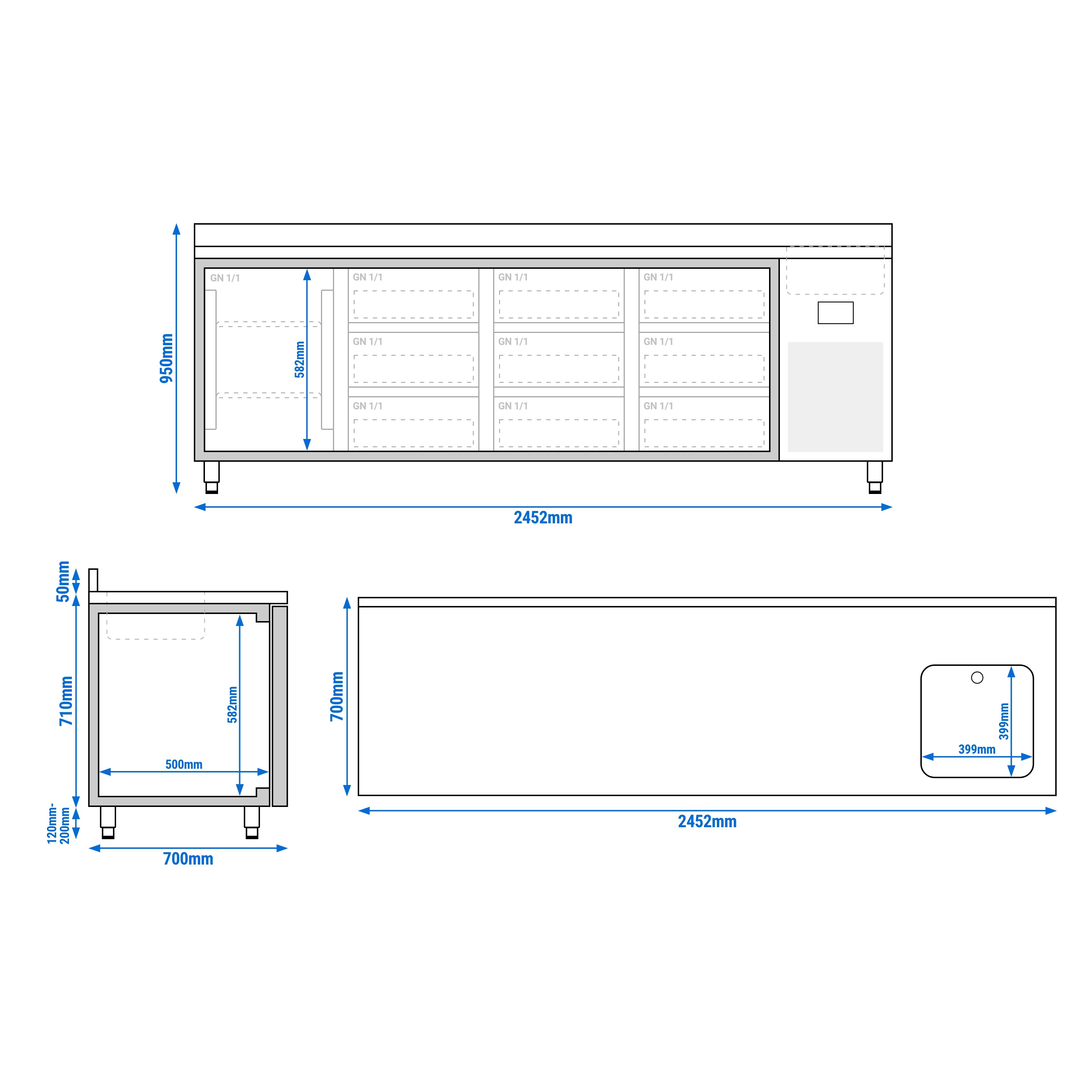 Balcão refrigerado PREMIUM PLUS - 2452x700mm - 630L - 1 porta; 9 gavetas - GN 1/3 - -2 a +8°C; com ressalto traseiro; com cuba