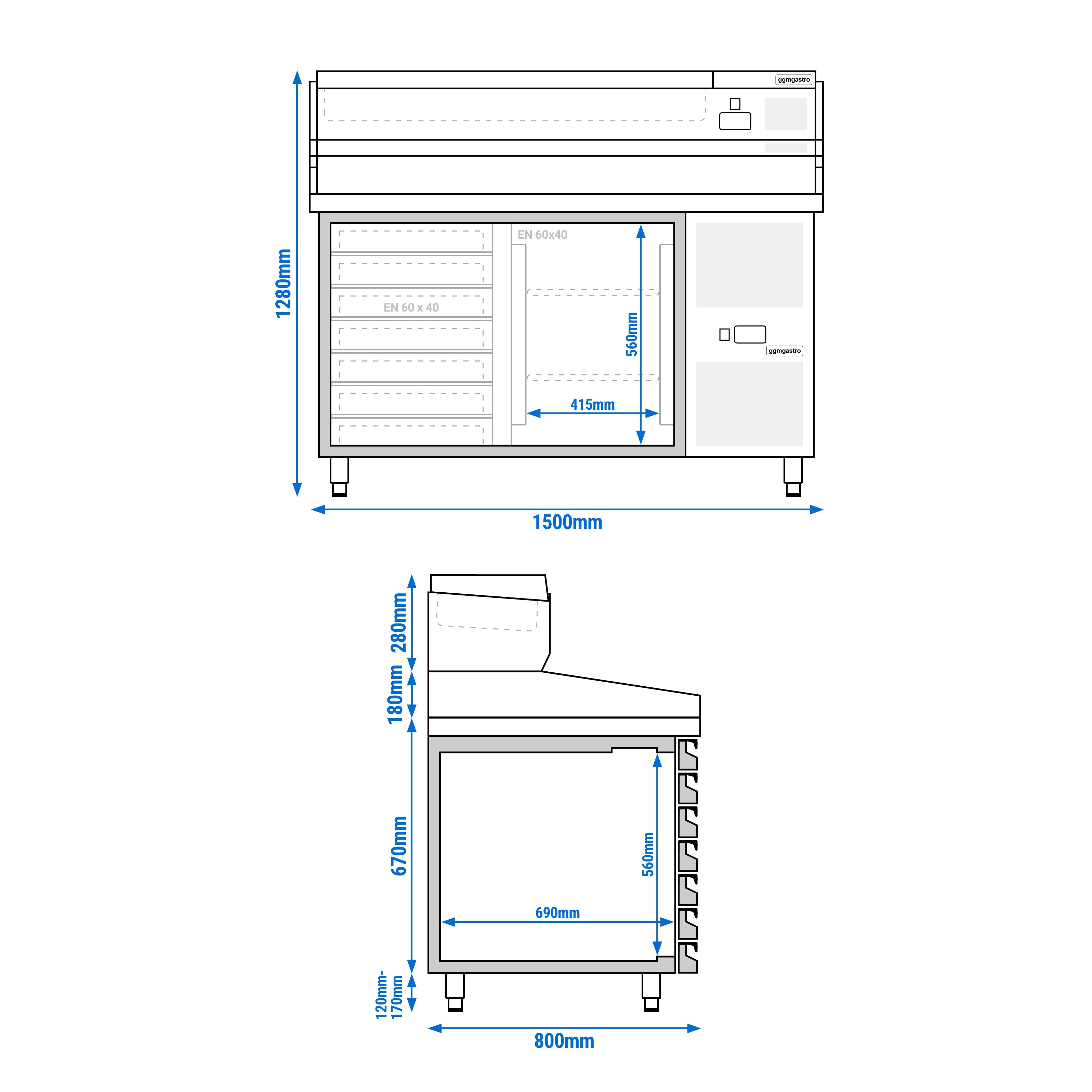Table réfrigérée à pizza PREMIUM - 1500 x 800 mm - avec 1 porte et 7 tiroirs - incl. vitrine réfrigérée - 6 x GN 1/3
