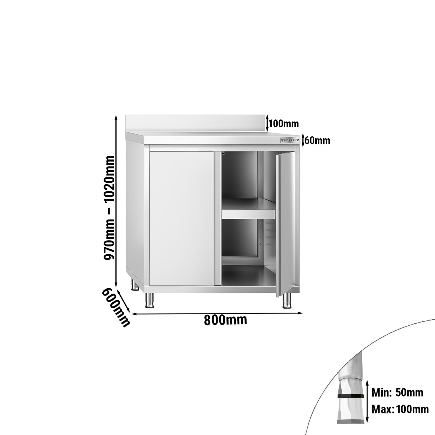Table armoire en acier inoxydable PREMIUM - 800x600mm - avec portes battantes et étagère basse - avec dosseret