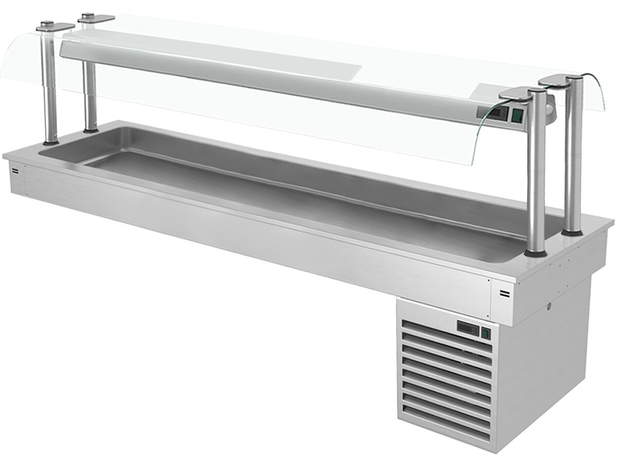 Commercial Drop-in Refrigerated Well - 2100mm - +2 to +8°C - 6x GN 1/1 - 410W - with Glass Sneeze Guard