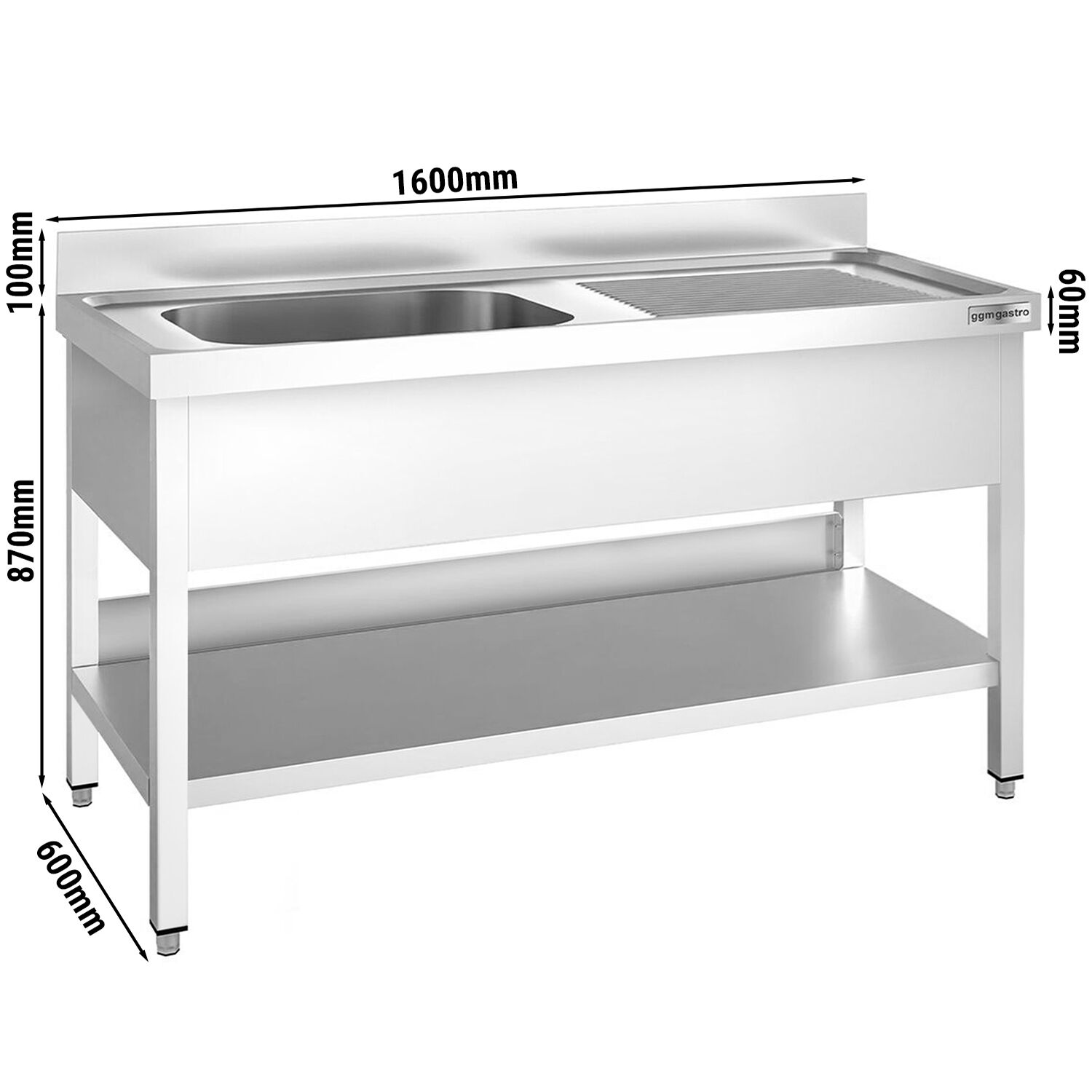 Plonge en inox PREMIUM - 1600x600mm - avec étagère basse - 1 bac à gauche