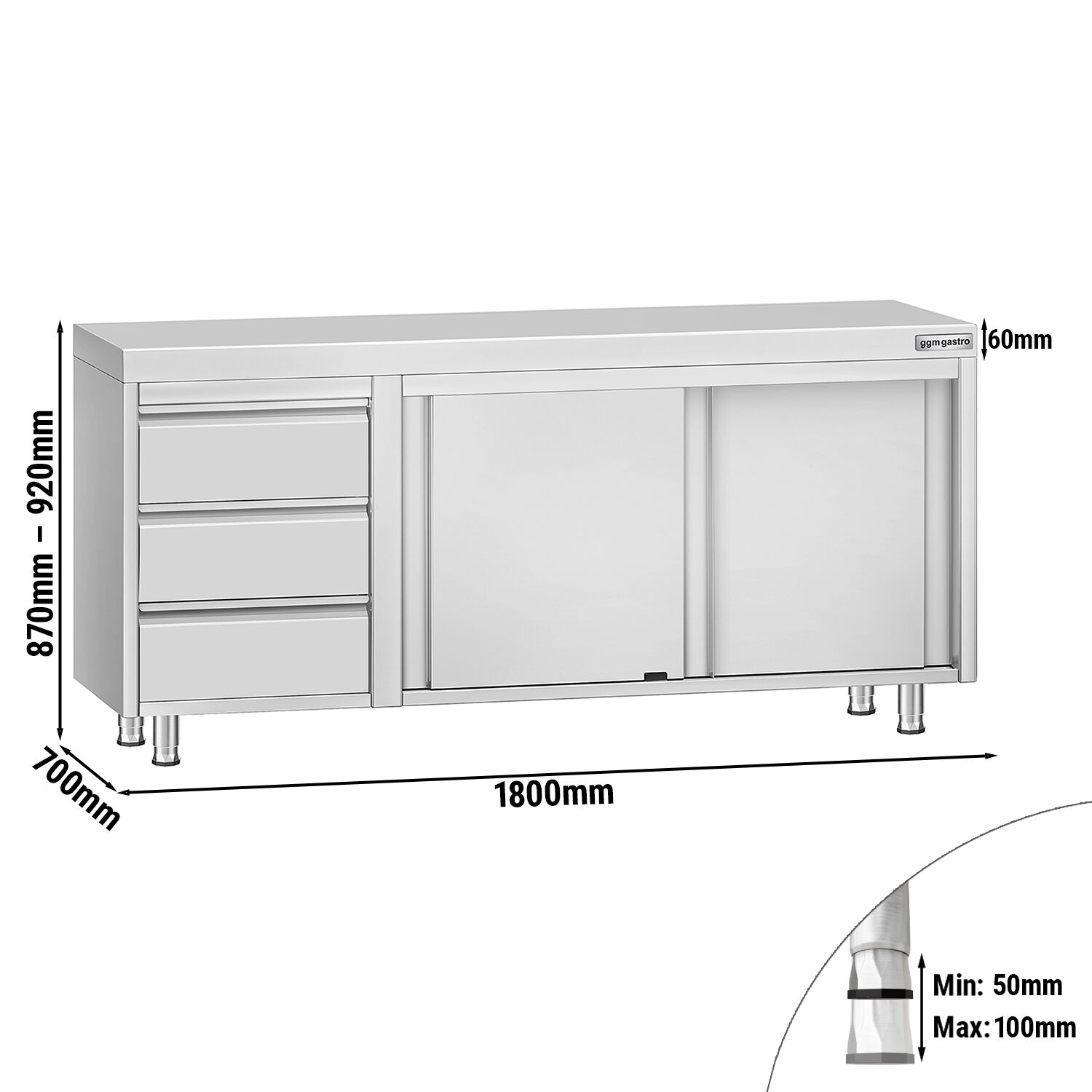 Table armoire en acier inoxydable ECO - 1800x700mm - avec 3 tiroirs à gauche et portes coulissantes