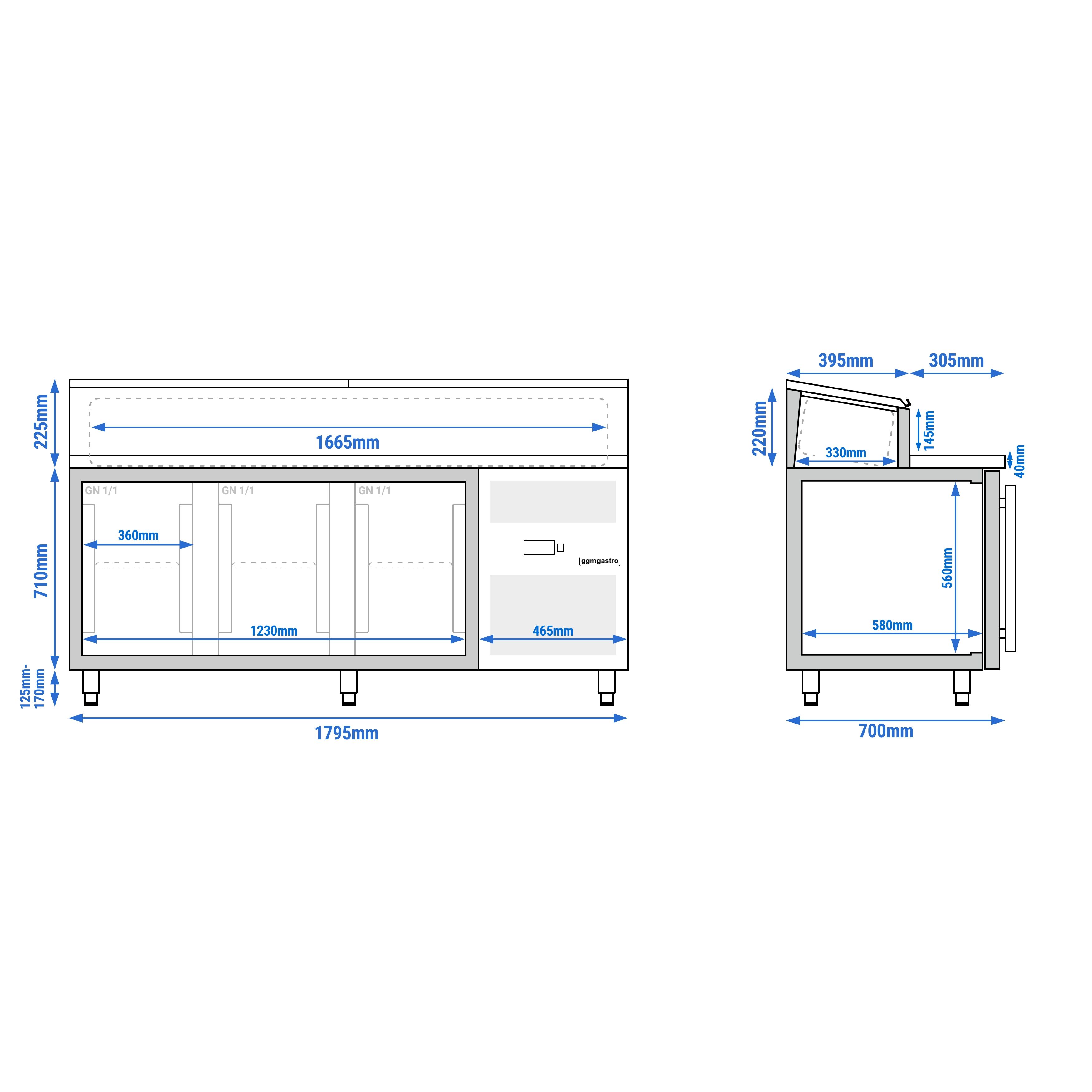 Table de préparation PREMIUM – 1795 mm – 3 portes vitrées – pour 8 bacs GN 1/3