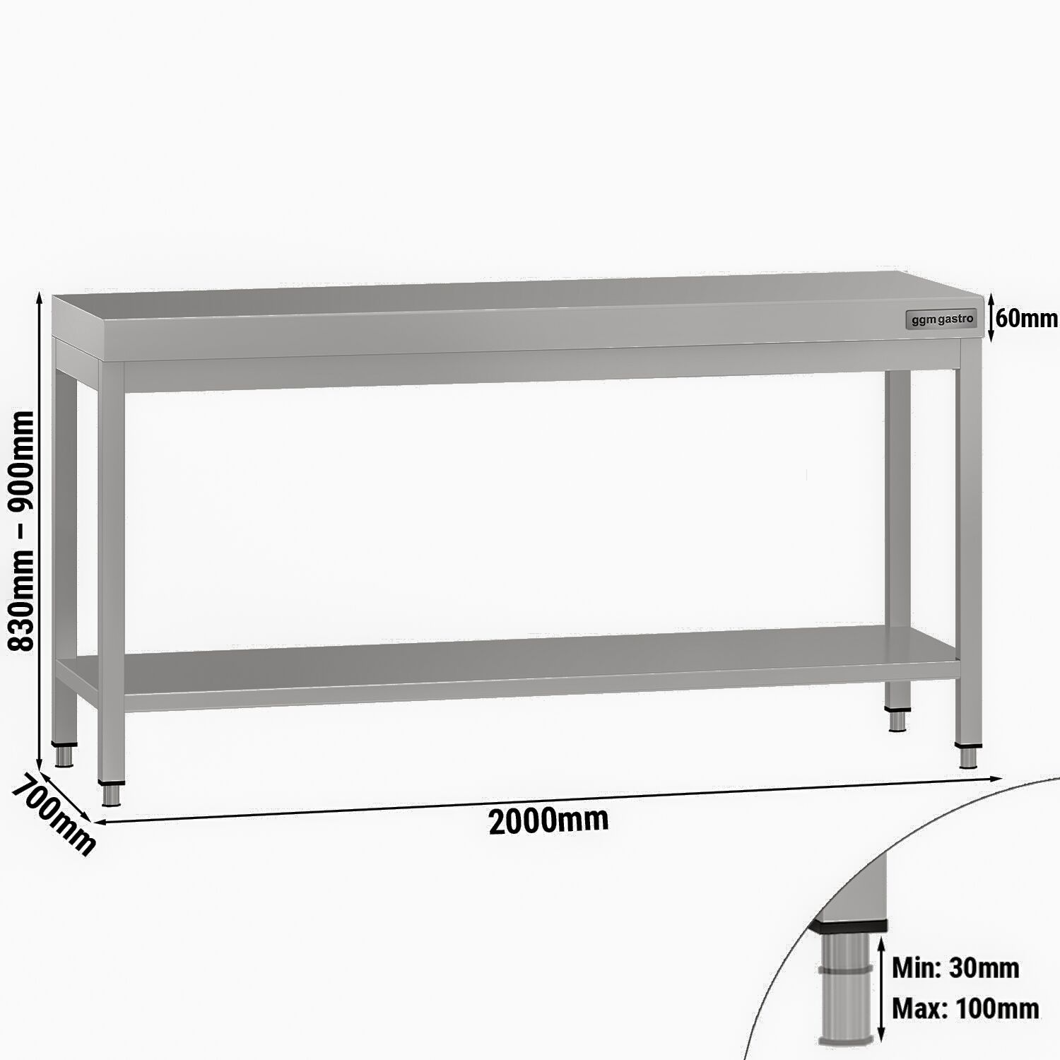Table de travail en inox ECO – 2000 × 700 mm – avec tablette inférieure