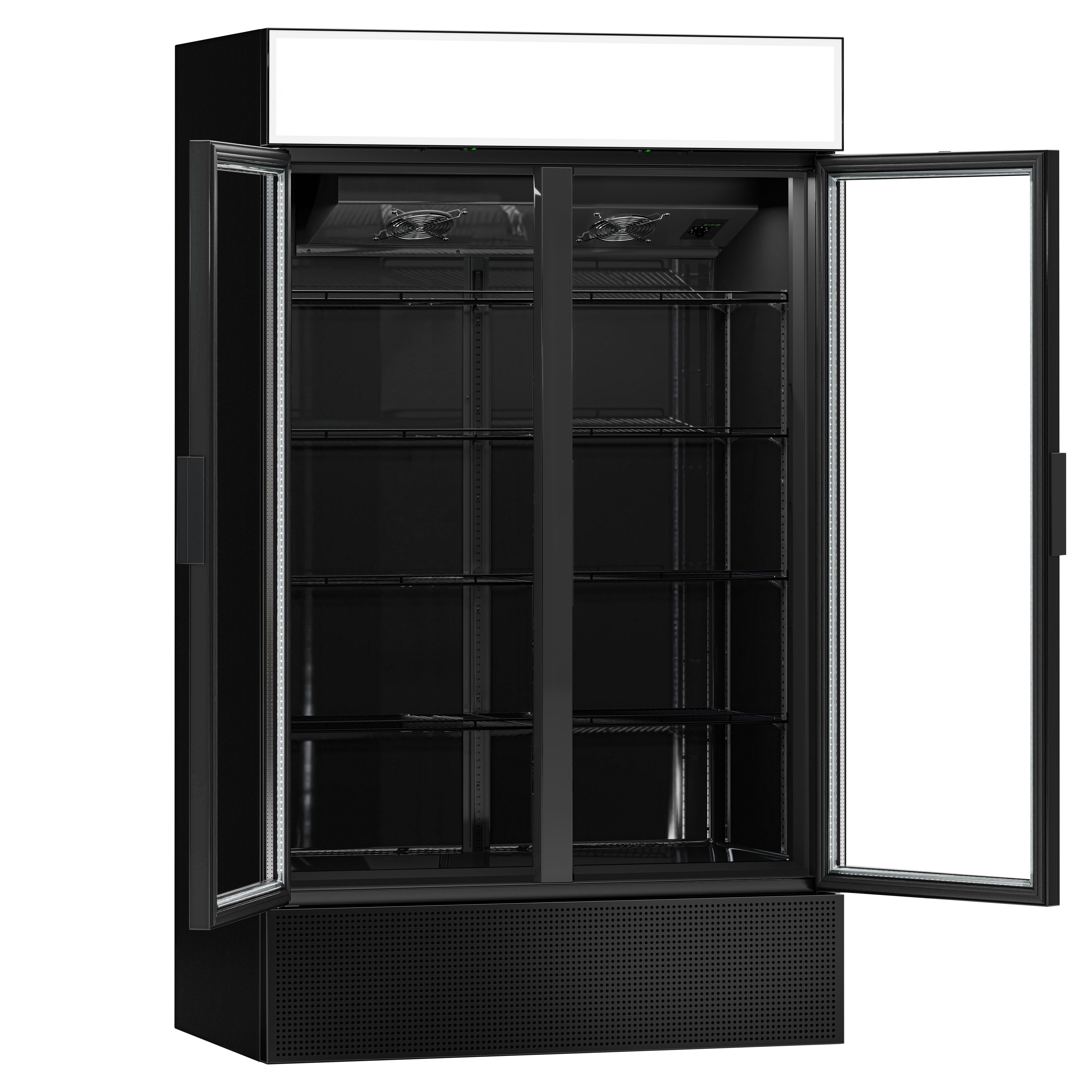 Vitrine réfrigérée à boissons - 1200mm - 1048 L - porte vitrée sans cadre - 2 portes vitrées - avec caisson lumineux - éclairage LED - thermostat numérique - Noir - +1 à +10 °C